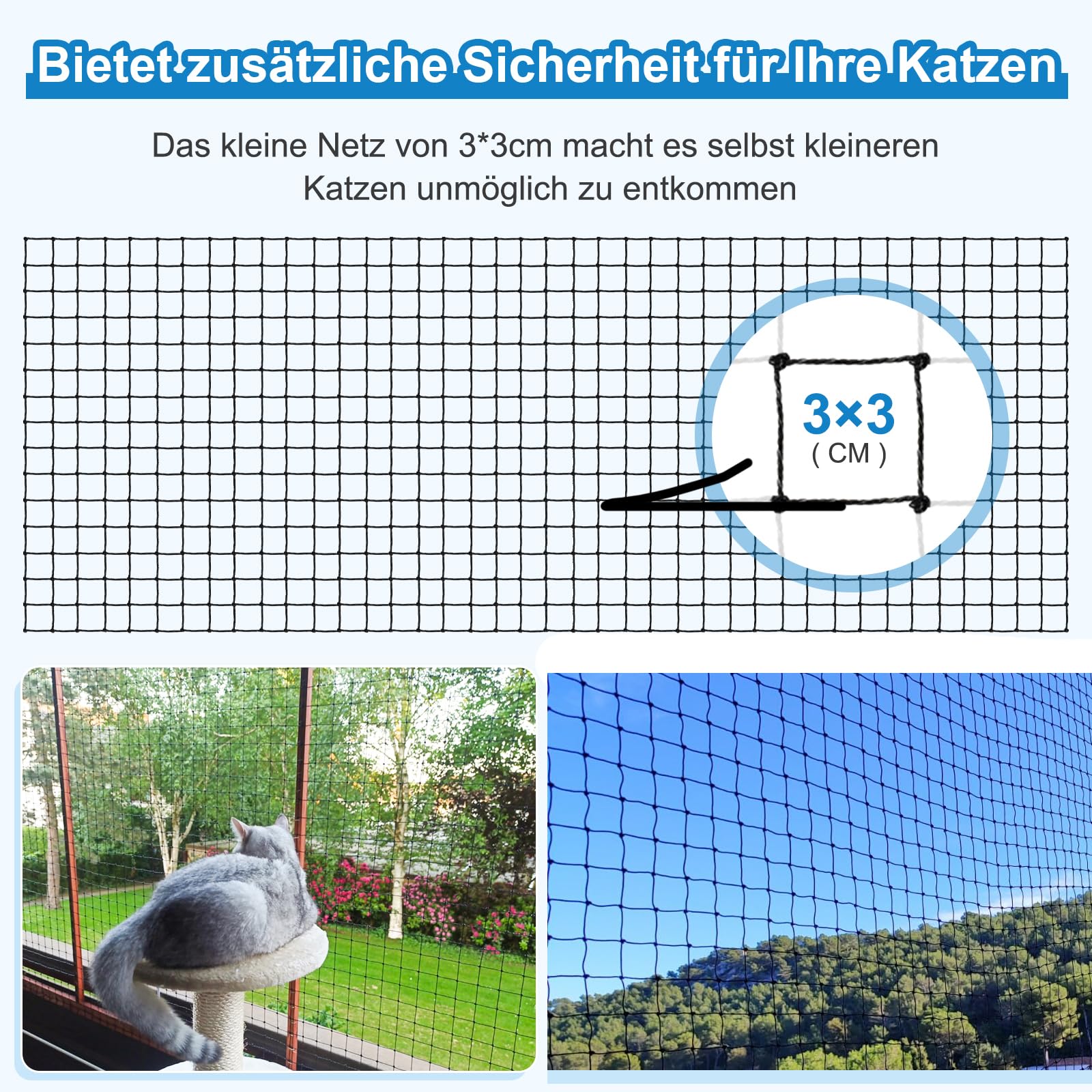 Aystkniet Kattennet voor balkon, 8 x 2 m, kattennet, versterkt met bevestigingskoord, spijkers, kabelbinders, beet-en scheurbestendig balkonnet