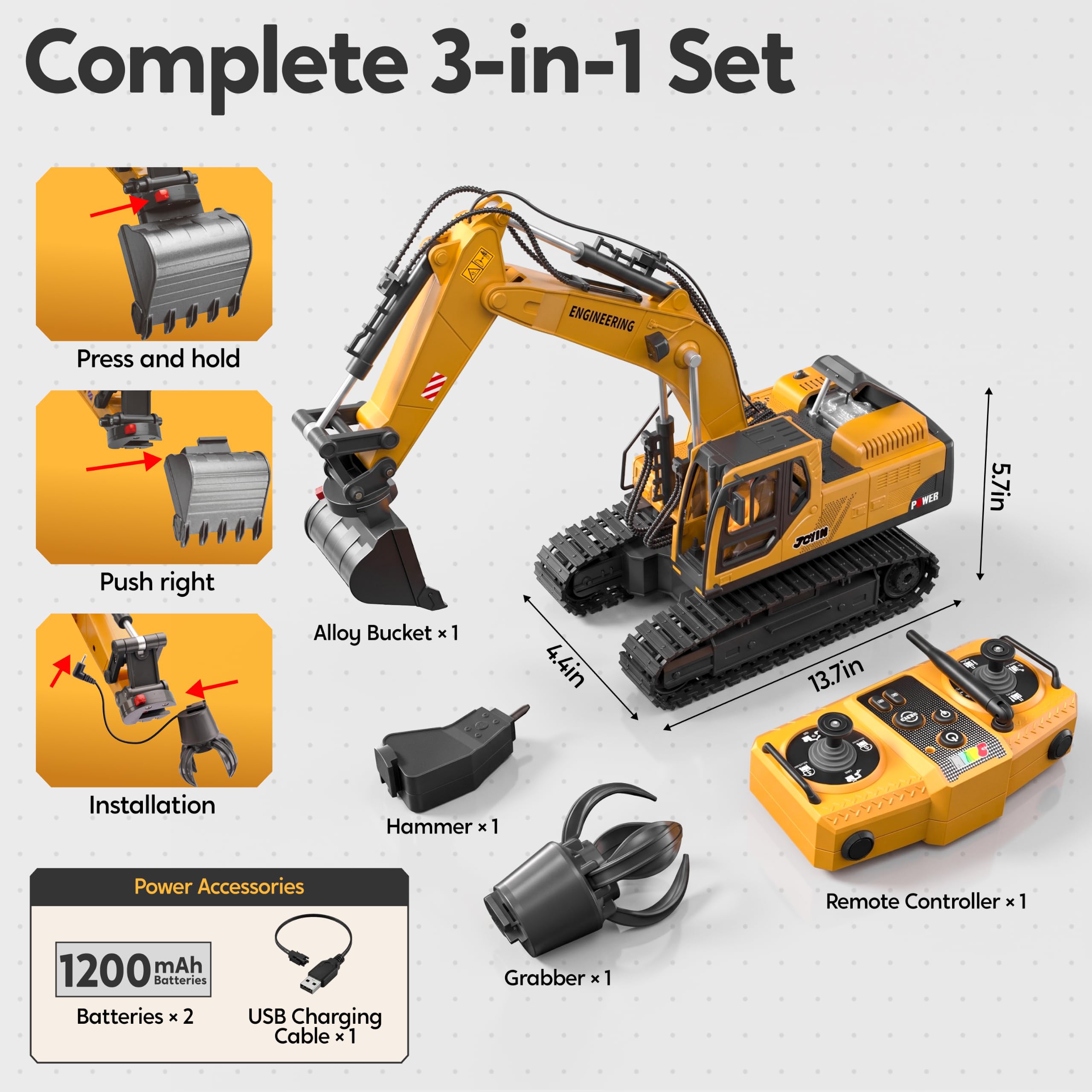 JOYIN 3-in-1 Ferngesteuerter Bagger für Jungen ab 3-9 Jahren, RC Bagger Spielzeug mit Legierung Schaufel Greifer Bohrer, 2.4GHz Auto mit Licht und Sound, Kinder Geburtstag Geschenk