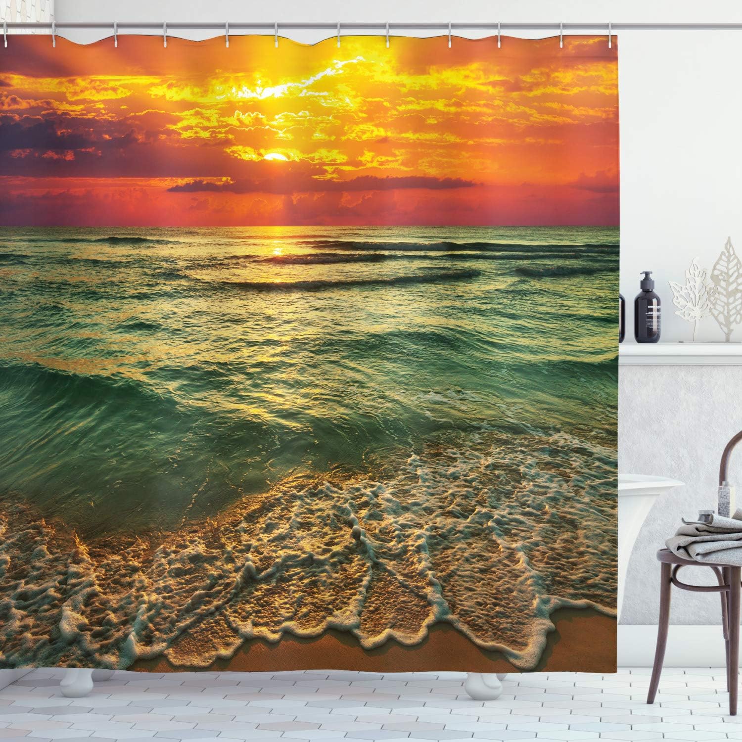 Ambesonne Ocean Decor Collection, Serenity View of Mystic Sunset at Dusk Behind Dense Clouds Wavy Sea and Sandy Beach Picture, Polyester Fabric Bathroom Shower Curtain, Teal Orange Ivory