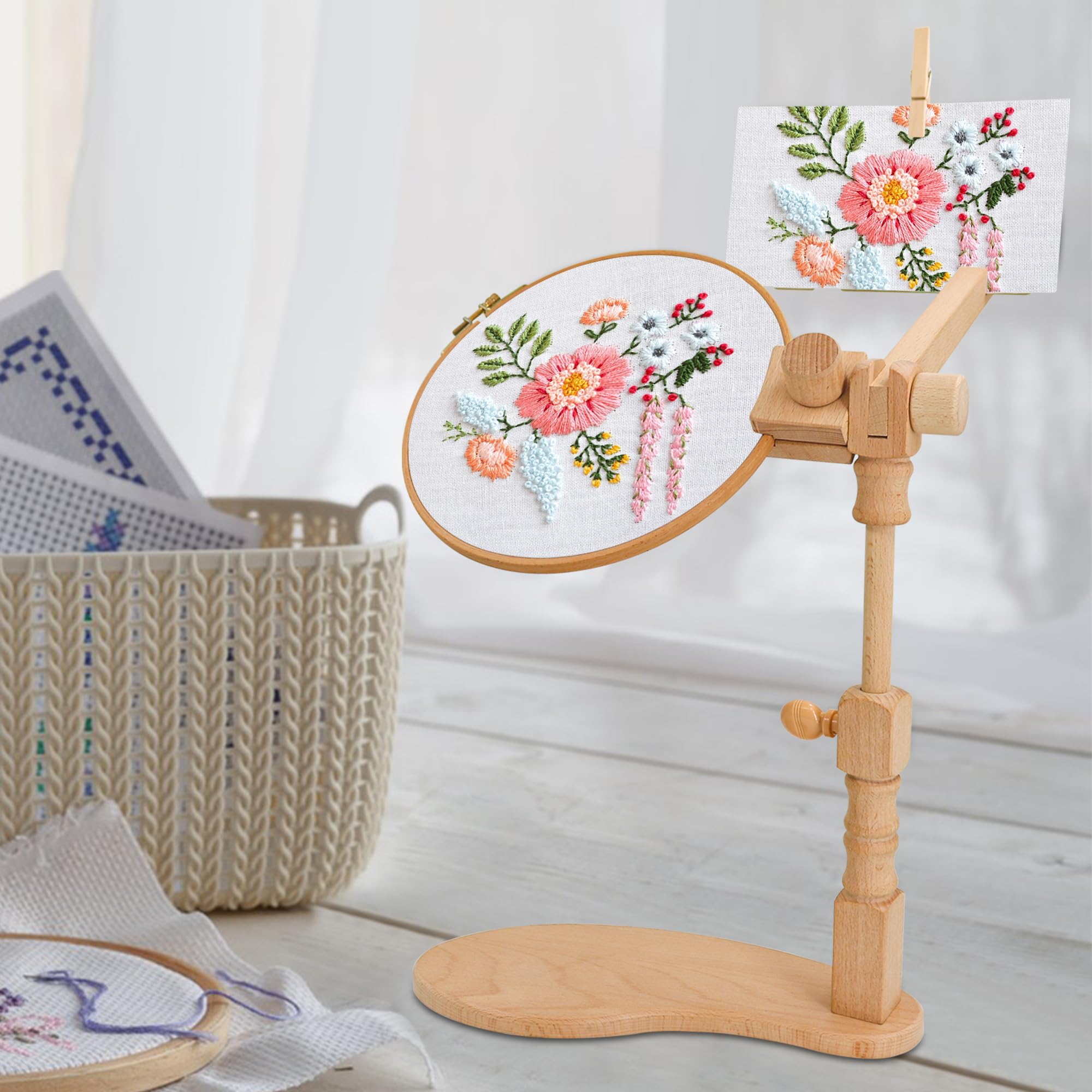 Soporte de bastidor de bordado, soporte giratorio de madera, marco de punto de cruz, marco de madera para manualidades, soporte de bastidor de bordado manos libres para manualidades