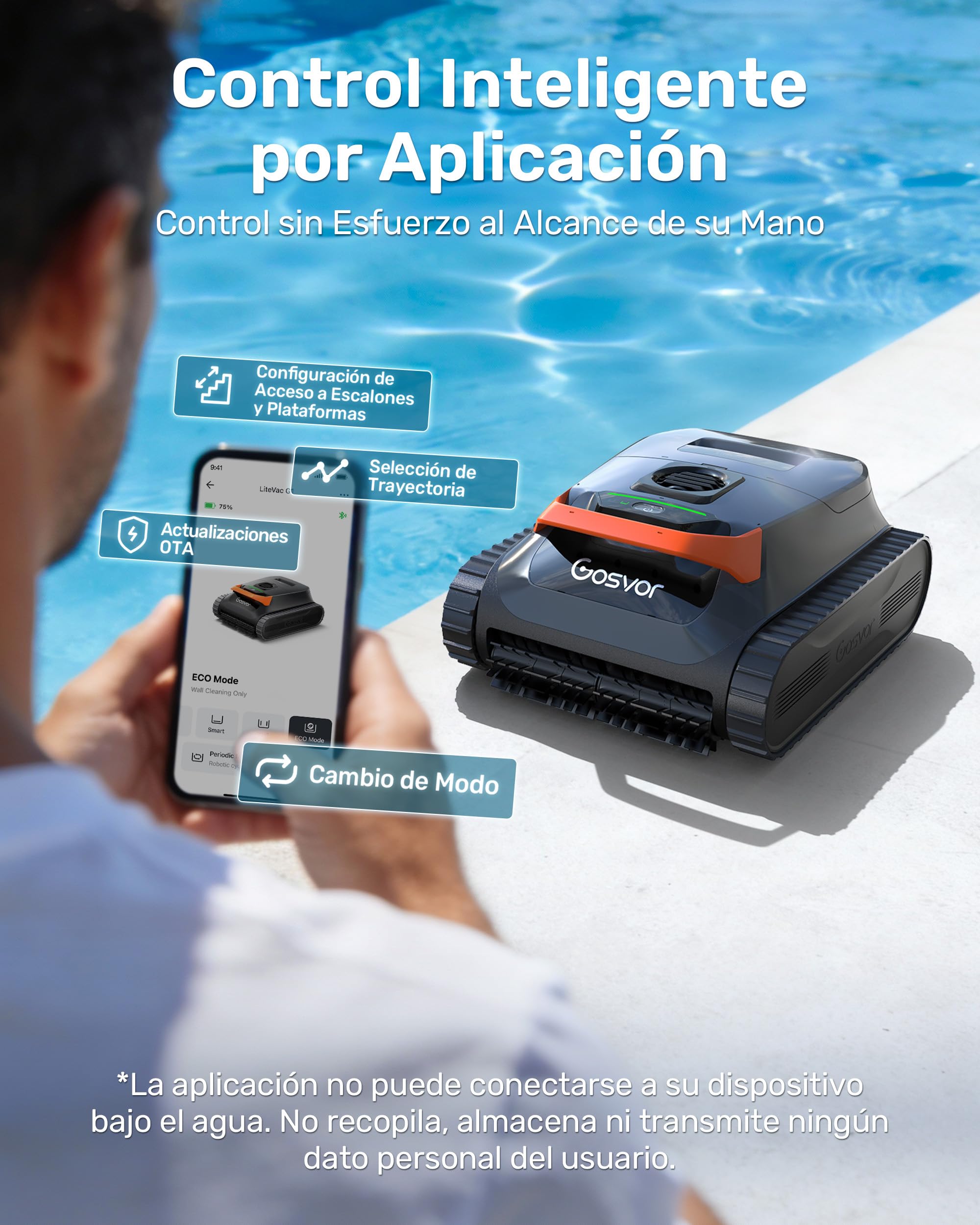 Gosvor LiteVac G1 Robot Limpiafondos Piscina,7kg,200min Autonomía,Doble Filtración,Control de la App,200m²,Gris Anaranjado