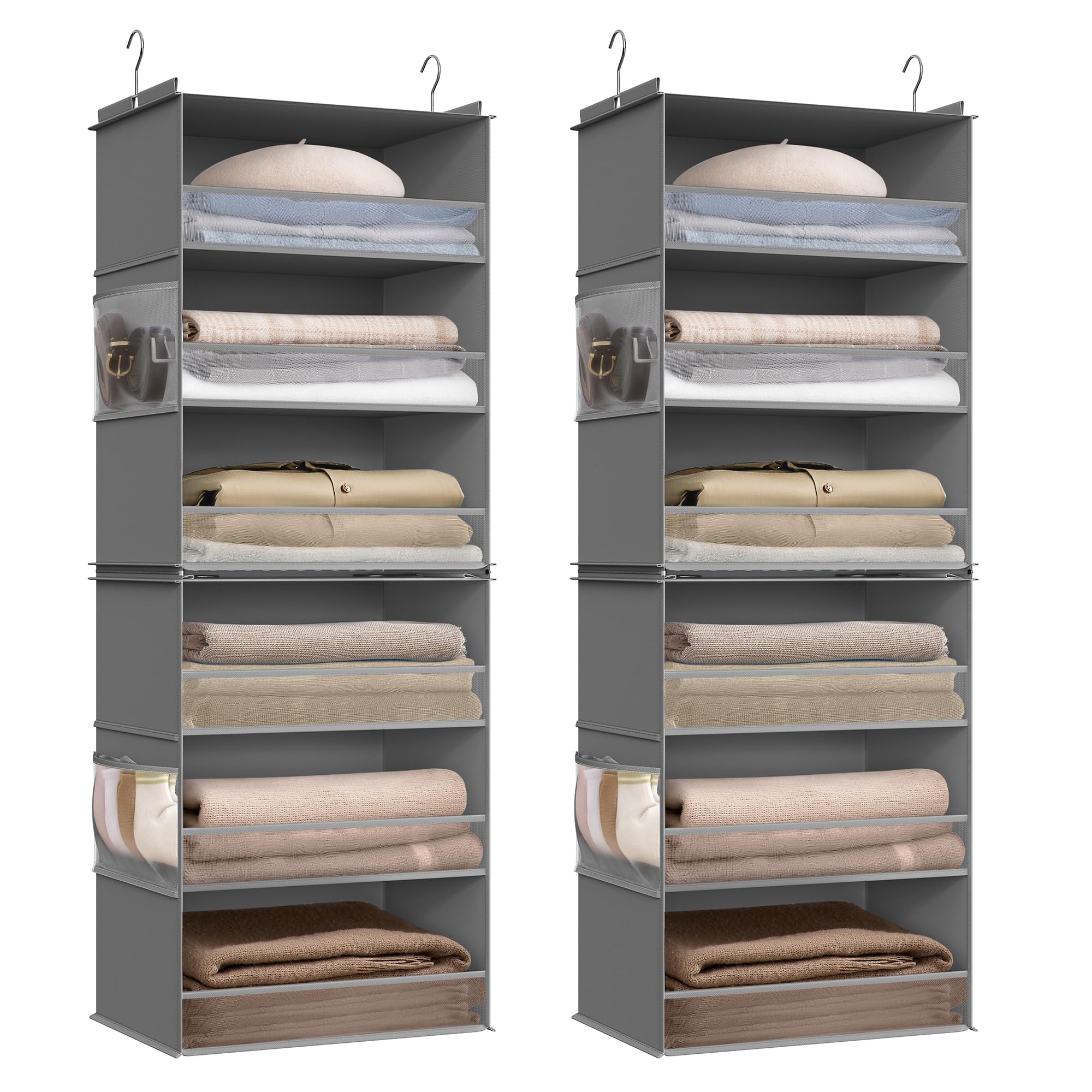 SONGMICS Portaoggetti da Appendere, Set di 2, Organizer Armadio, Divisibile, Pieghevole, Ganci in Metallo e Inserti in Bambù, Grigio Tortora RCH008G01