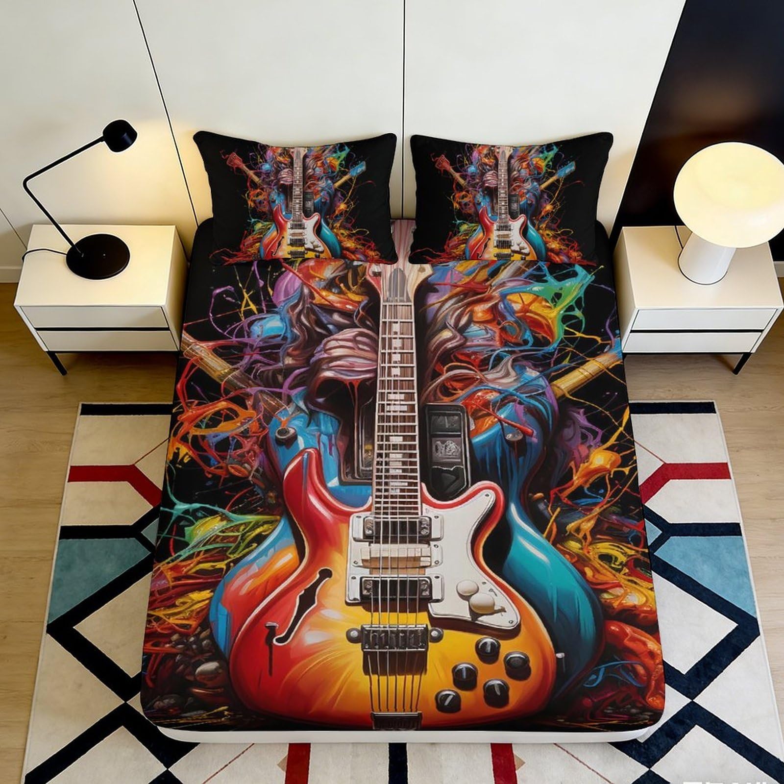 3D Printed colourful guitar Fitted Sheet, soft touch Microfiber, wrinkle resistant, home decor piece, Bed Cover for bedroom or guest room, apartment bedding, easy care, 118 chars 90x200x25cm