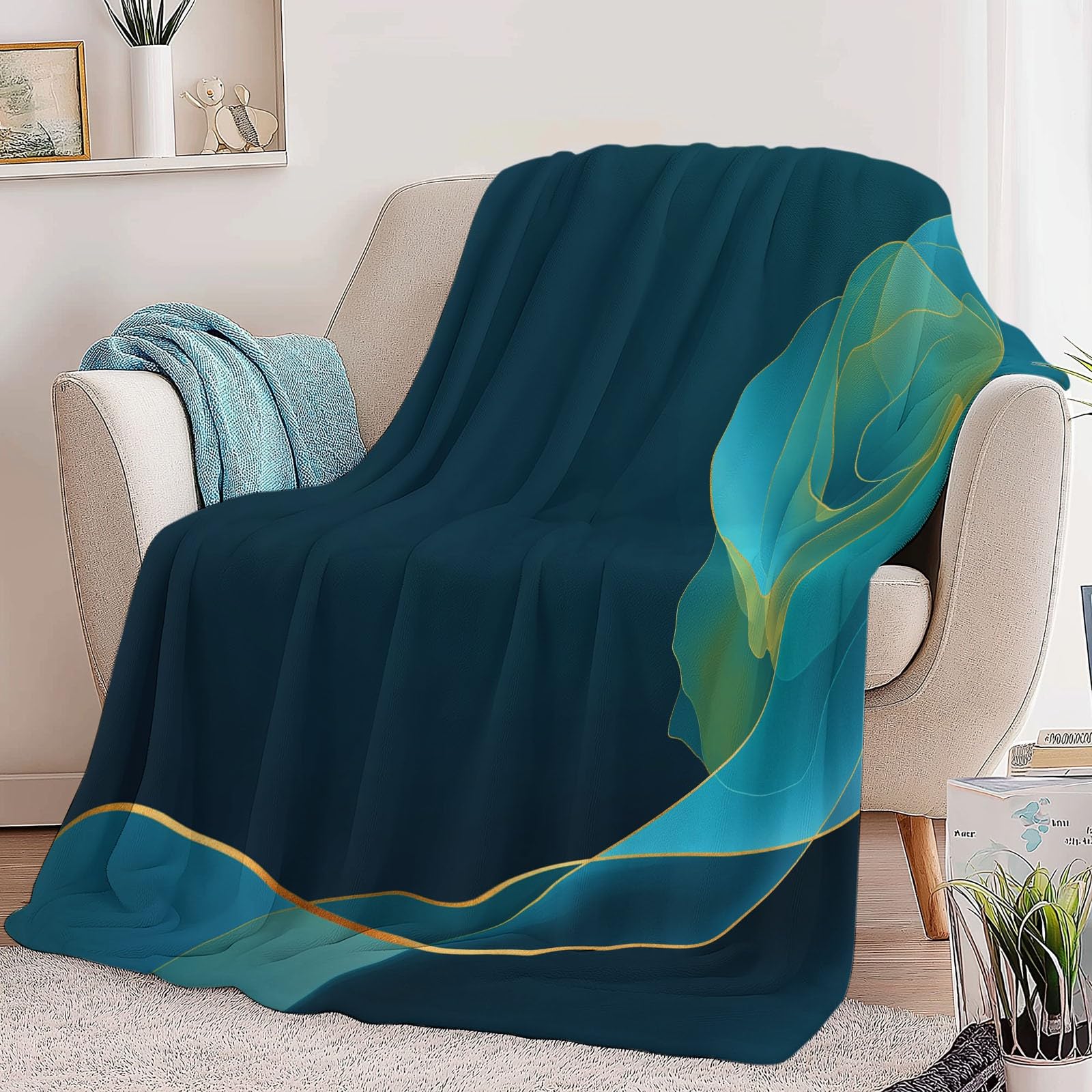 Genérico Manta de Franela de Forro Polar para Niños y Adultos 220 x 240 cm, Mantas para Sofa Estampado Abstracto Minimalista Floral Rosa - Manta Azul Verdoso Suave Cálida Transpirable Ligera