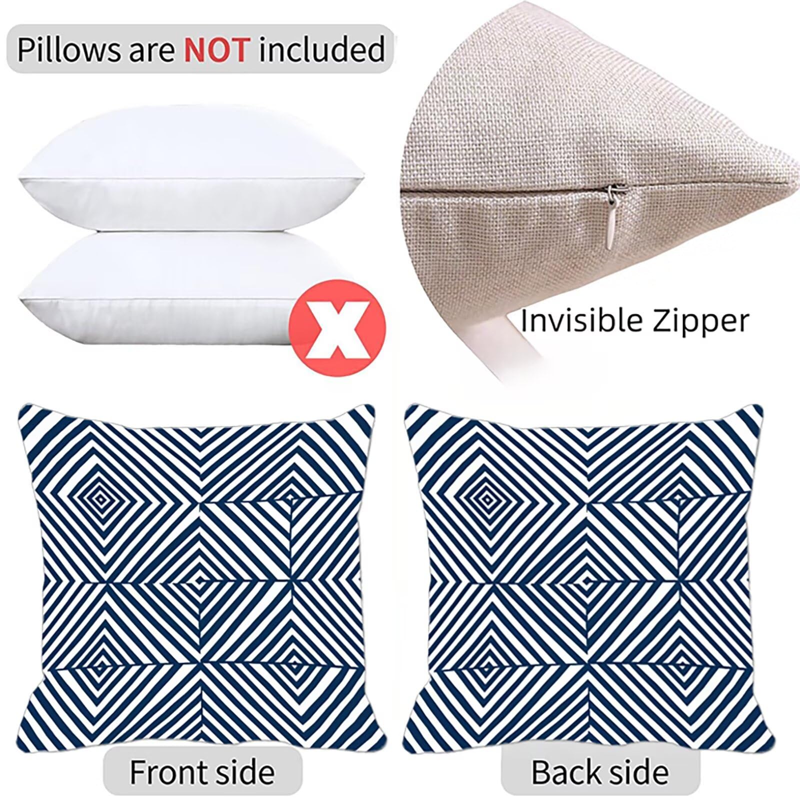 Kissenbezug 60x60 cm Geometrie 4er Set Sofakissen Superweichem Doppelnähten Versteckter Reißverschluss Blau Outdoor Kissen Leinen gelten für Auto Terrassen-Gartenbank Wohndeko Schlafzimmer Sofa H-Q
