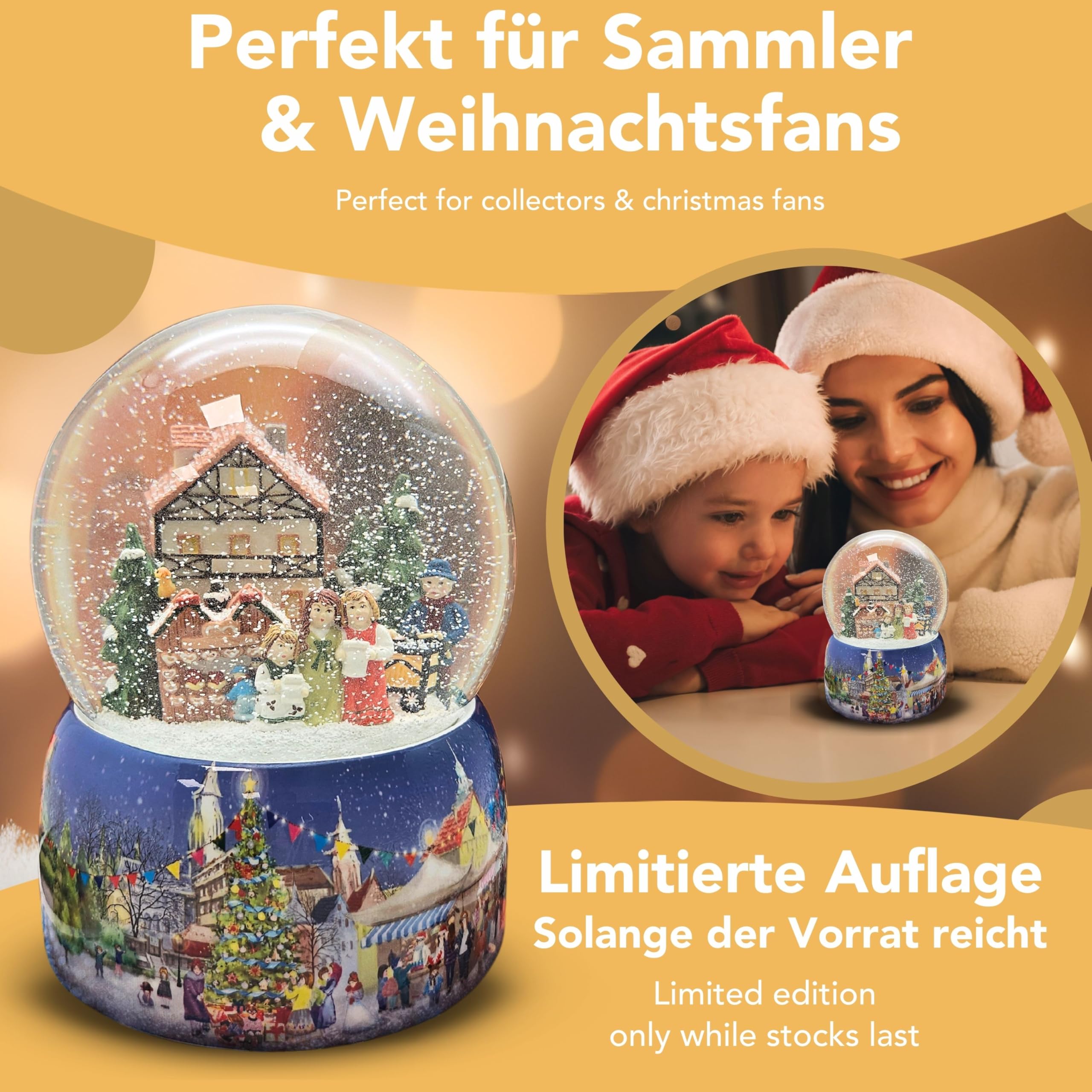 Schneekugel Weihnachten Spieluhr | Mega Schneekugel Nostalgischer Weihnachtsmarkt | mit Musik Winter Wonderland | H:20 cm B: 15 cm | Schüttelkugel | 20065
