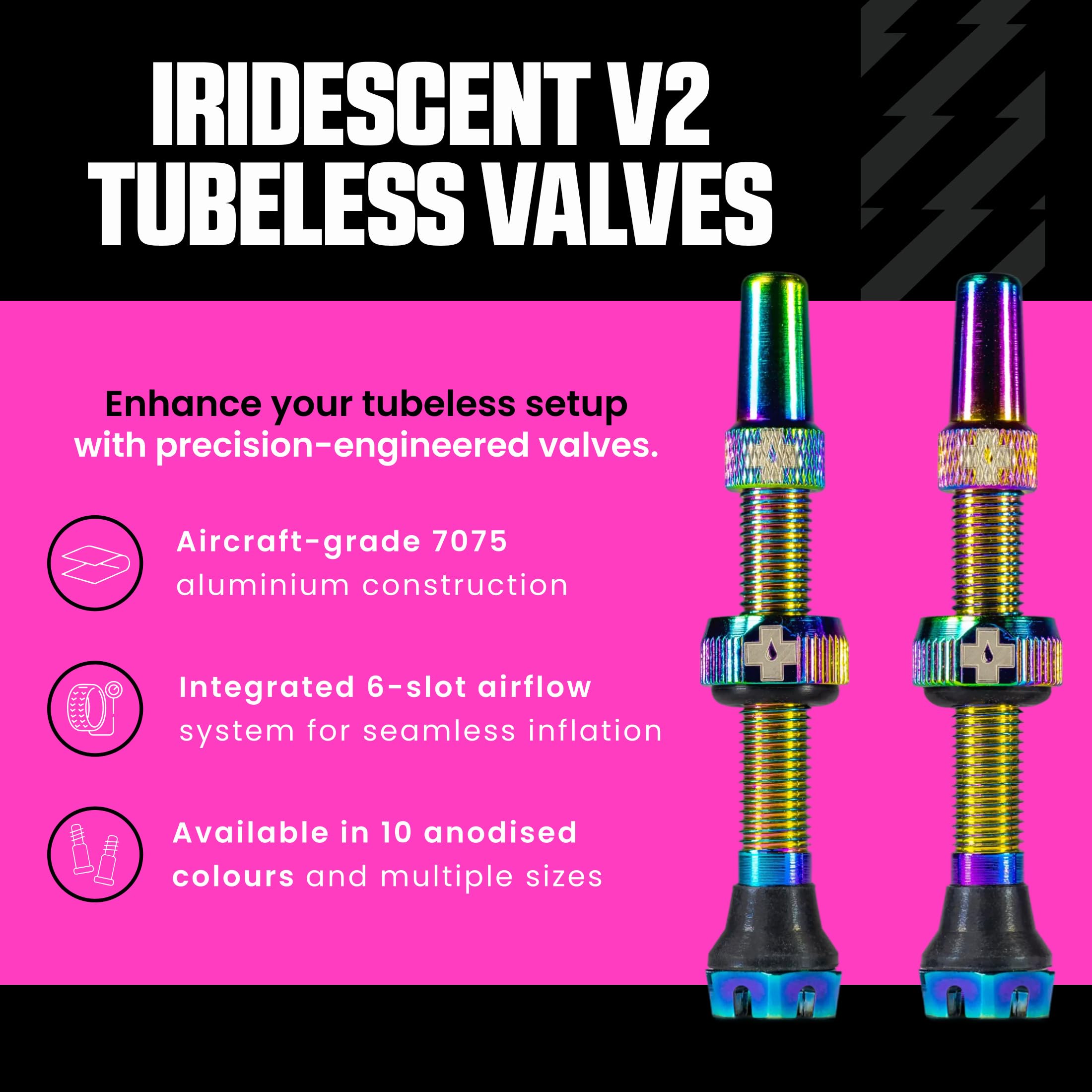 Muc-Off Valvole Presta Iridescenti, 44 mm - Valvole Tubeless per Bici, con Strumento Smonta Valvola Incluso - di Alta Qualità e Senza Perdite