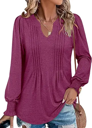 BETTE BOUTIK Long Sleeve Shirts for Women Fall Tops Dressy Blouses Pleated V Neck Tunic Tops for Leggings S-3XL