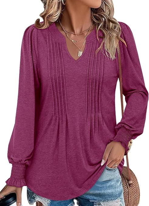 BETTE BOUTIK Long Sleeve Shirts for Women Fall Tops Dressy Blouses Pleated V Neck Tunic Tops for Leggings S-3XL