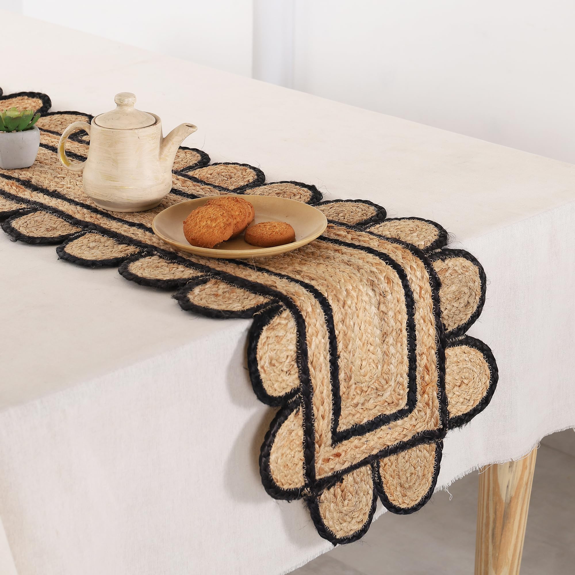 Aizza Trends Pack of 2 Handmade Hand Braided Natural with Black Jute Scalloped Shape Eco-Friendly Table Runner-Runner for Dining Table Rug-13 x 36