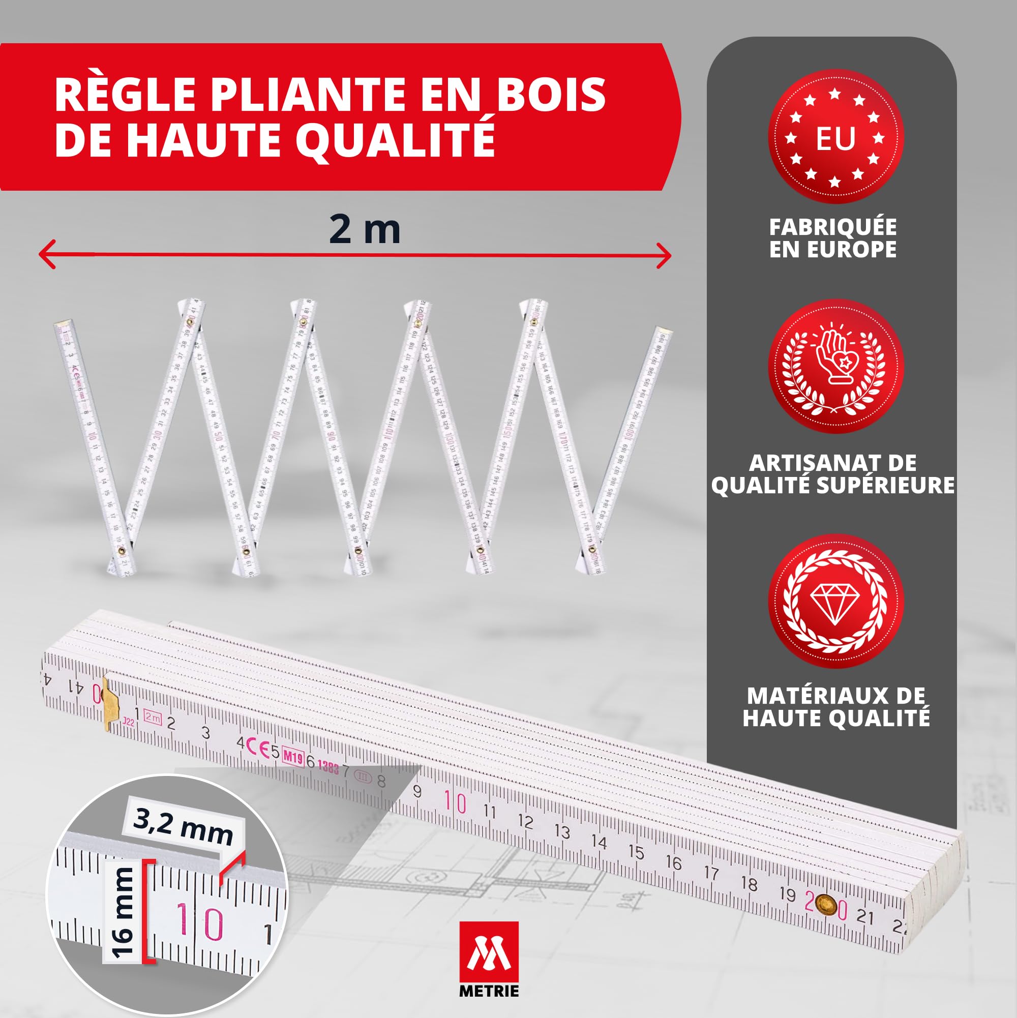 Metrie™ BLOCK 52 Mètre pliant – Mètre en bois 2 m | Blanc – Graduation duplex, Fabriqué dans l’UE | Robuste et précis | pour Artisans et Bricoleurs | 10 pièces