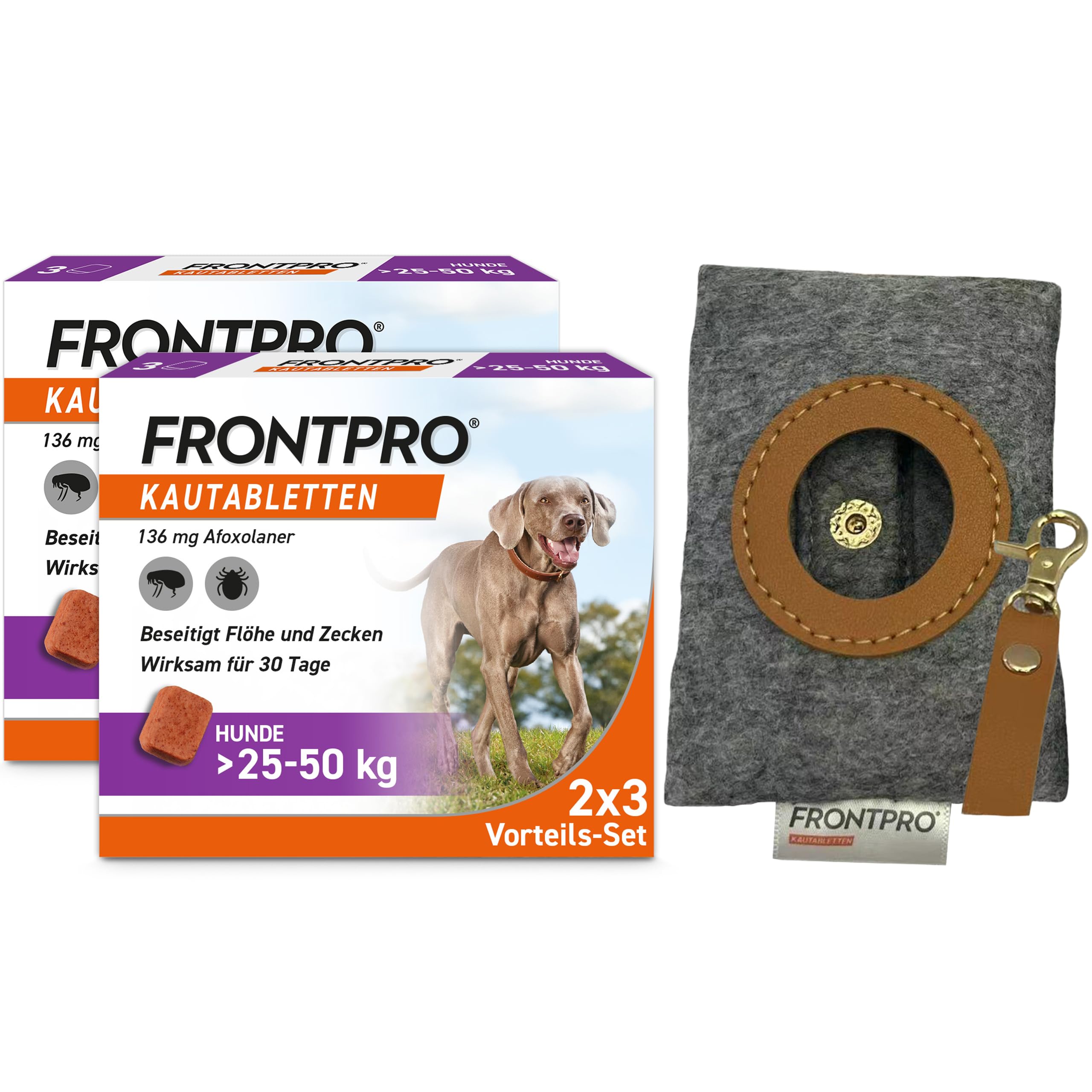 FRONTPRO Hund XL - Kautablette gegen Zecken & Flöhe (Hunde 25 bis 50 kg) | 3x Kautabletten (2er Pack) für 6 Monate Schutz + Kotbeutelspender - schmeckt einfach mit oder ohne Futter - für große Hunde