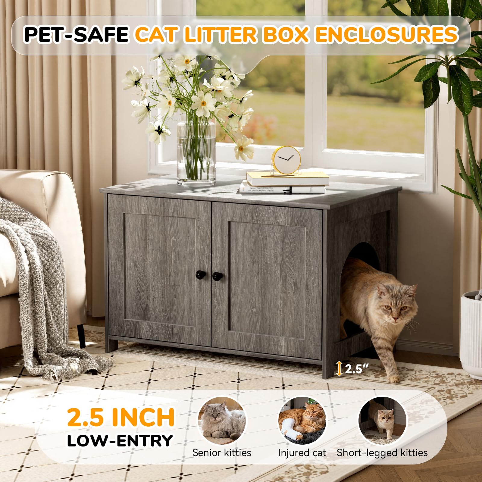 Cat Litter Box Enclosure Furniture Dog Proof, Hidden Kitty Washroom Low Entry, Wooden Cat Boxes Enclosure Odor Control for Home, Farmhouse Style Decorative Cabinet with Storage,Oak Grey - image 5