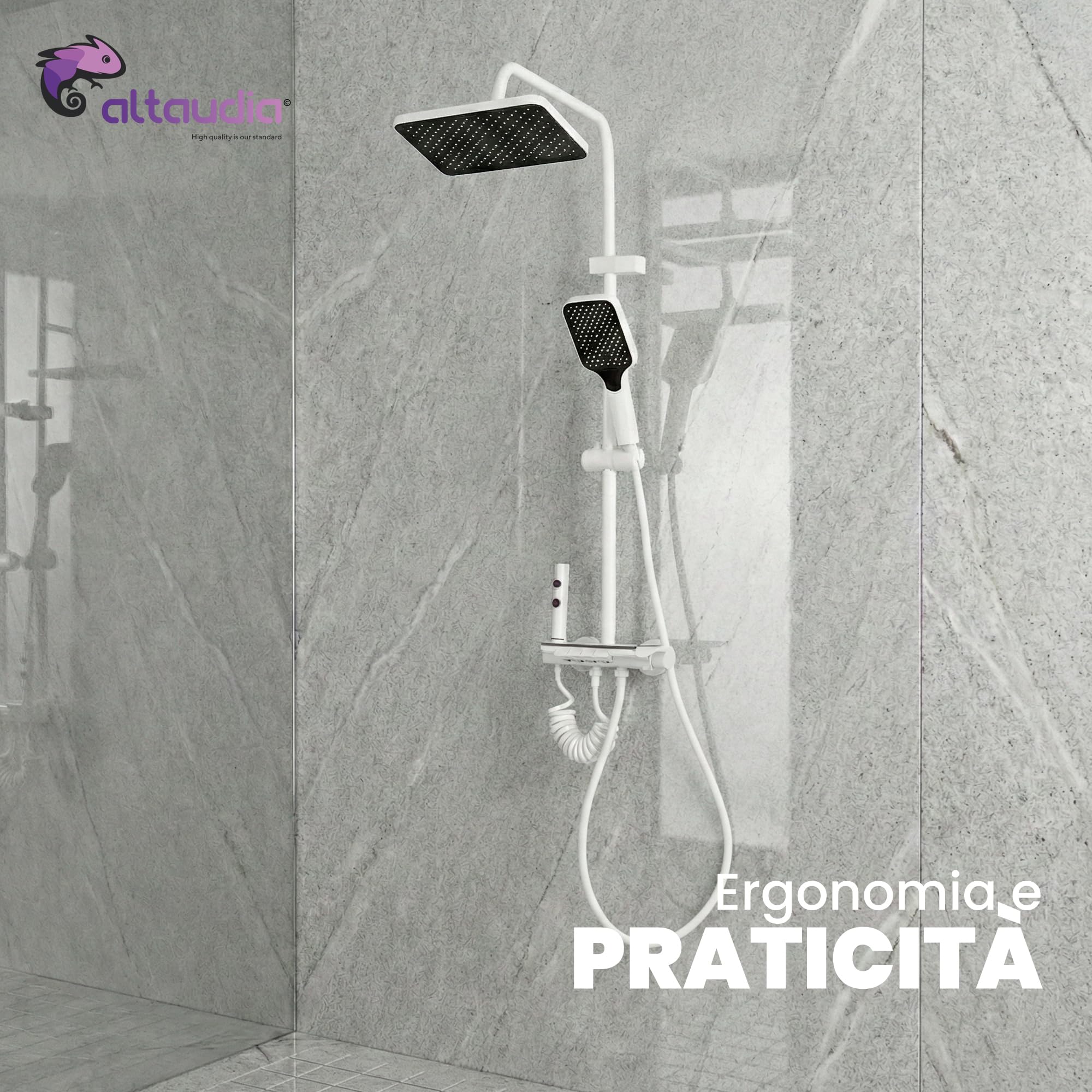 Colonna Doccia Termostatica con Display LED - 4 Vie (Pioggia 30×20 cm, Doccetta, Spray 3 Modalità, Getto), Materiale Inox/ABS, SX Caldo/DX Freddo, Altezza Regolabile, Colore Bianco