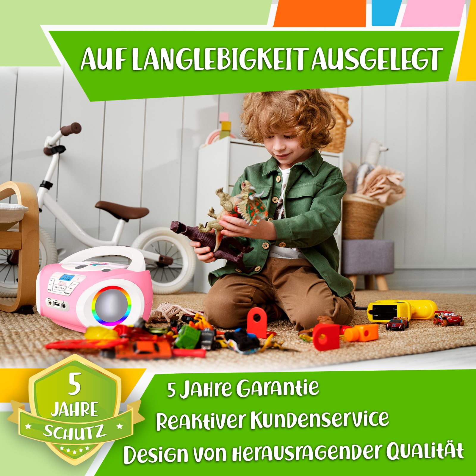 TINYGEEKS Tunes Kids Boombox CD-Player für Kinder NEU - UKW-Radio - Inklusive Batterien - Rose Radio - mit Lautsprechern Kinder und Kleinkinder - Rose