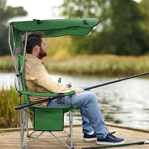 Miniatura 6 de Elevon Silla de campamento, silla plegable de gran tamaño con toldo, silla portátil para exteriores con brazos, portavasos y bolsa de transporte