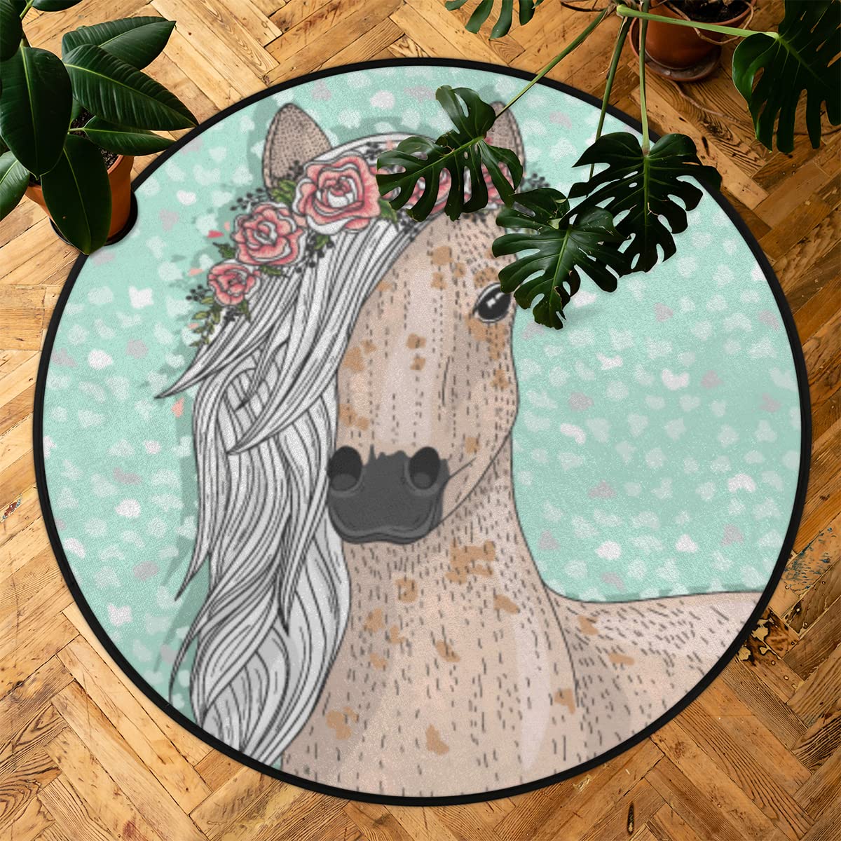 TropicalLife Okrągły dywanik z kwiatami, koń, 160 cm, uroczy koń, koło, dywanik, do pokoju, domu, wewnątrz, antypoślizgowy, do wewnątrz, duży dywanik