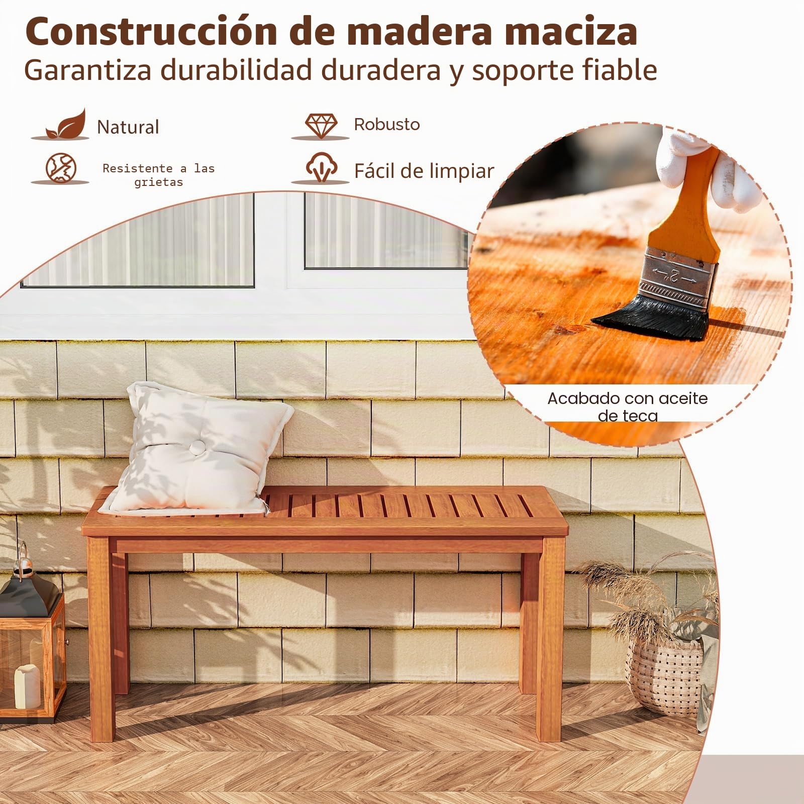 KOMFOTTEU Banco de Jardín de Madera para 2 Personas, 100 x 31 x 47 cm | Banco para Exterior, Asiento de Listones con Acabado de Aceite de Teca, para Patio, Porche