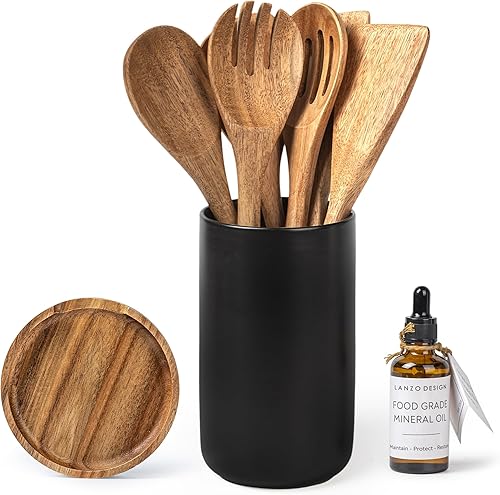 Miniatura 2 de Lanzo Design Juego de utensilios de cocina, 8 piezas de utensilios de cocina de madera con soporte de cerámica (soporte negro)