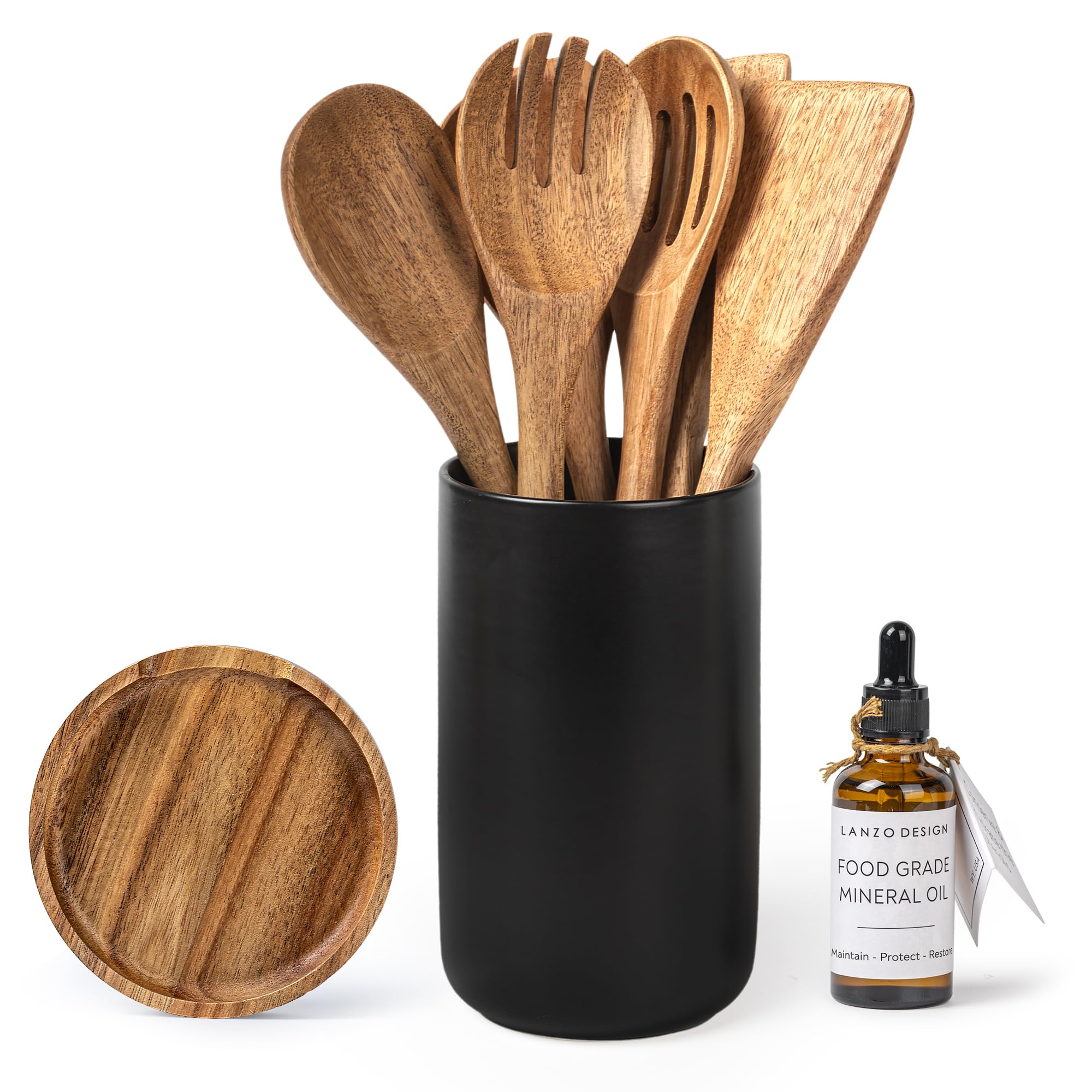 Juego de utensilios de cocina, 8 espátulas de madera con soporte de cerámica (soporte negro)