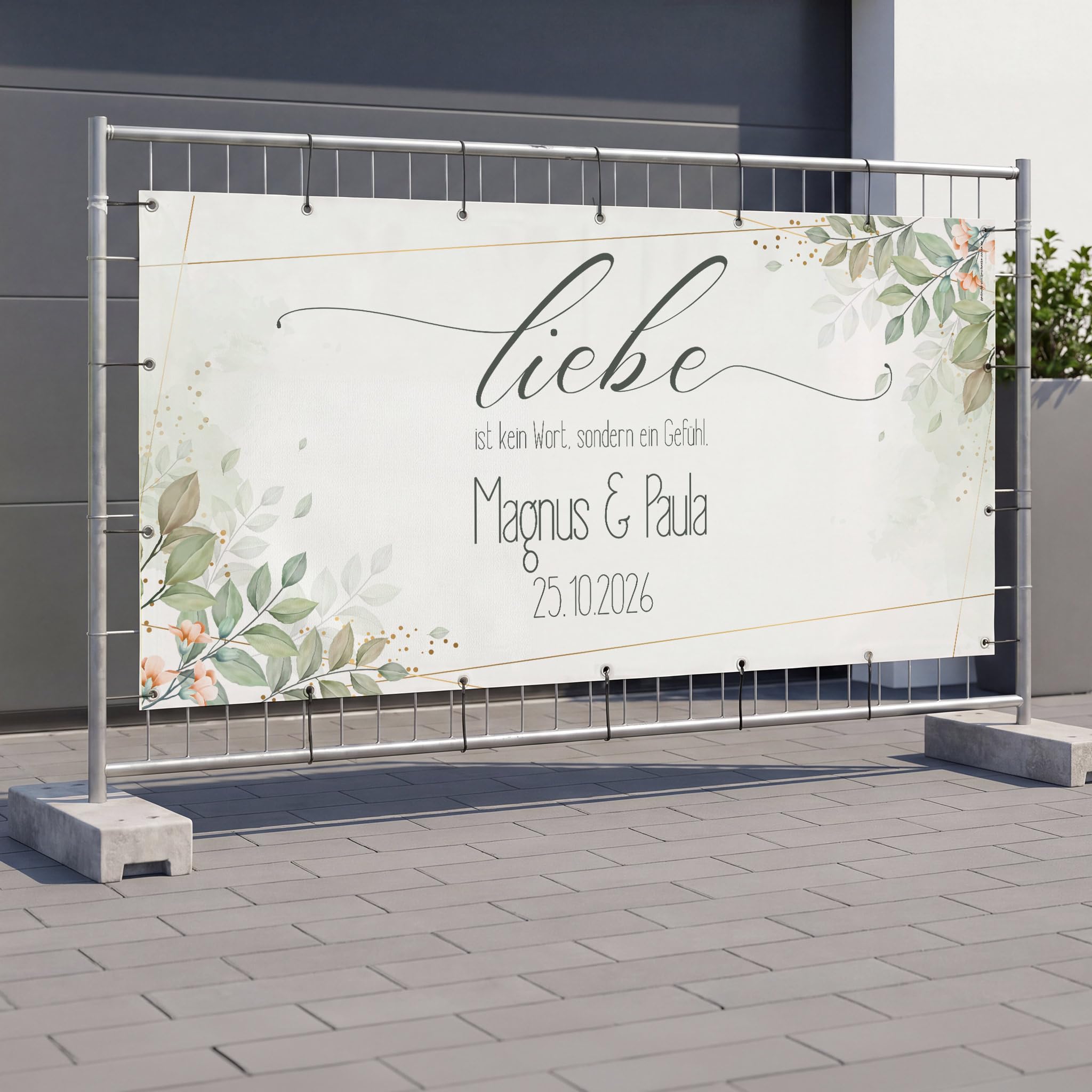 Herz & Heim® Bauzaunbanner Hochzeit personalisiert mit Namen & Datum – XXL Hochzeitsbanner für Außenbereich – Banner wetterfest als Hochzeitsdeko für Garten & Location
