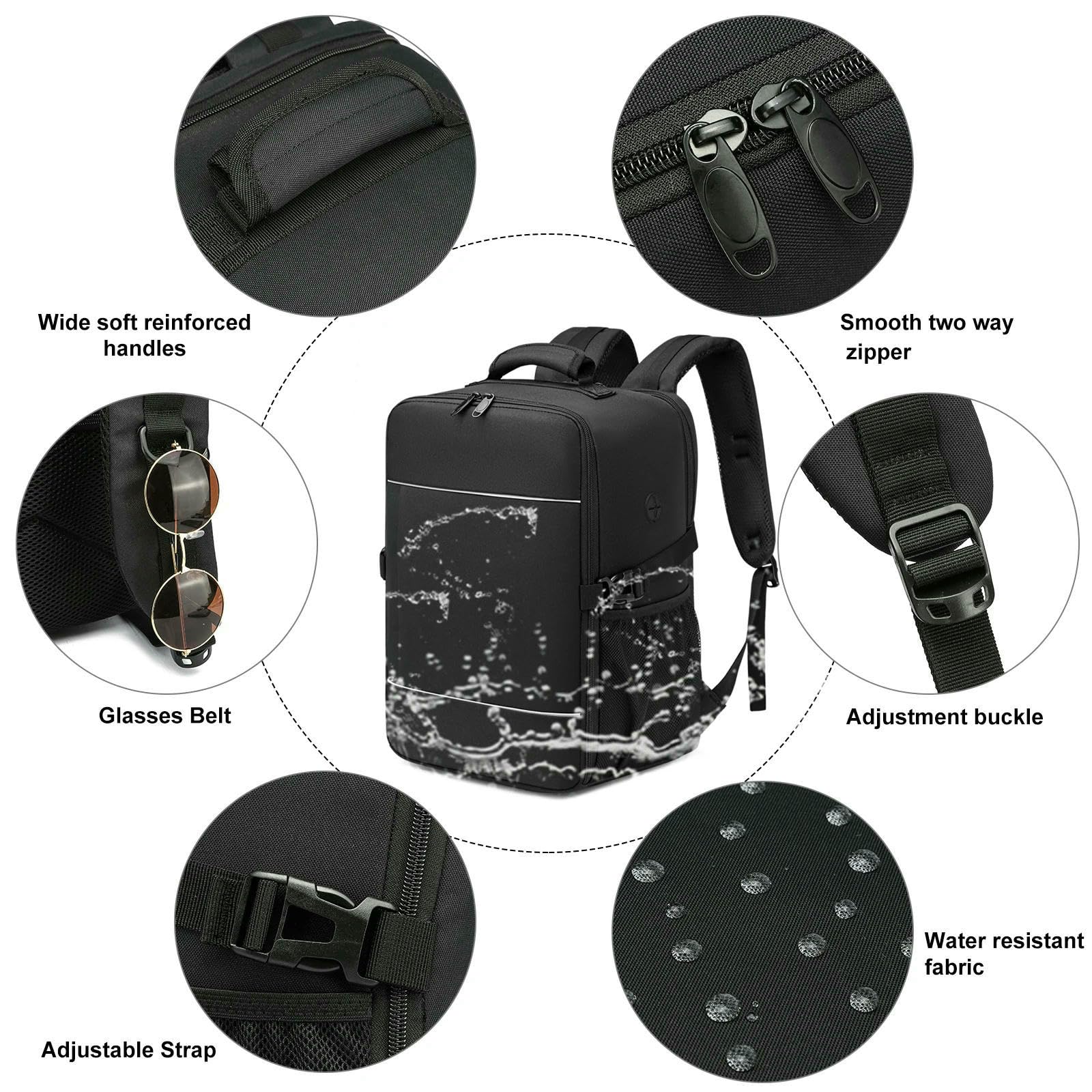 Zaino di Cabina 40x20x25 Borsa Viaggio con Riflettente Unisex Bagaglio A Portata Scomparto per Laptop-nero-15 Pollici