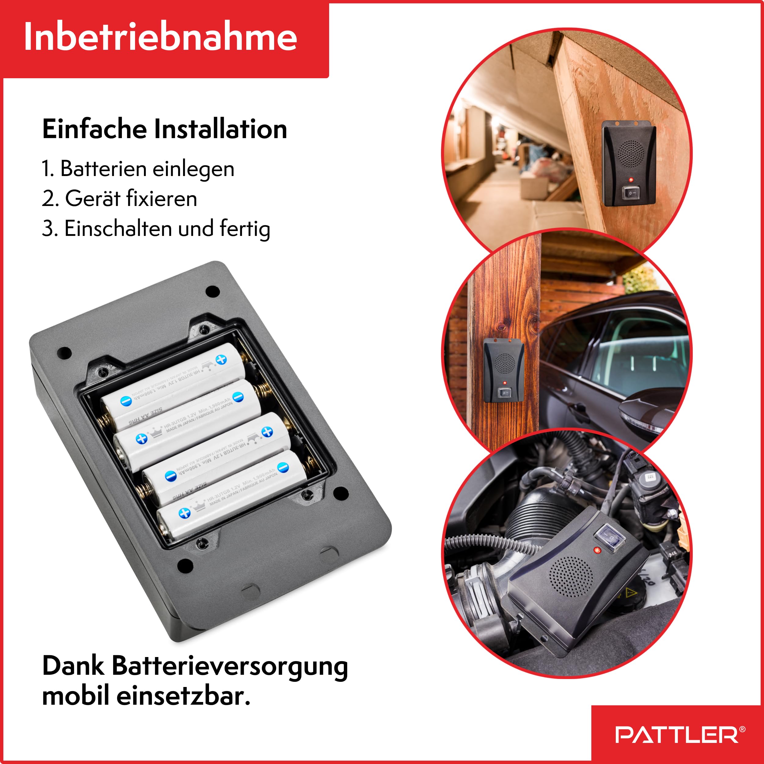 PATTLER Marderschreck Auto Batteriebetrieben mit Ultraschall zur effektiven Marderabwehr und Marderschutz für Auto Garage Dachboden und Haus Anti Gewöhnungseffekt bis 40m² Reichweite - 1 Stück