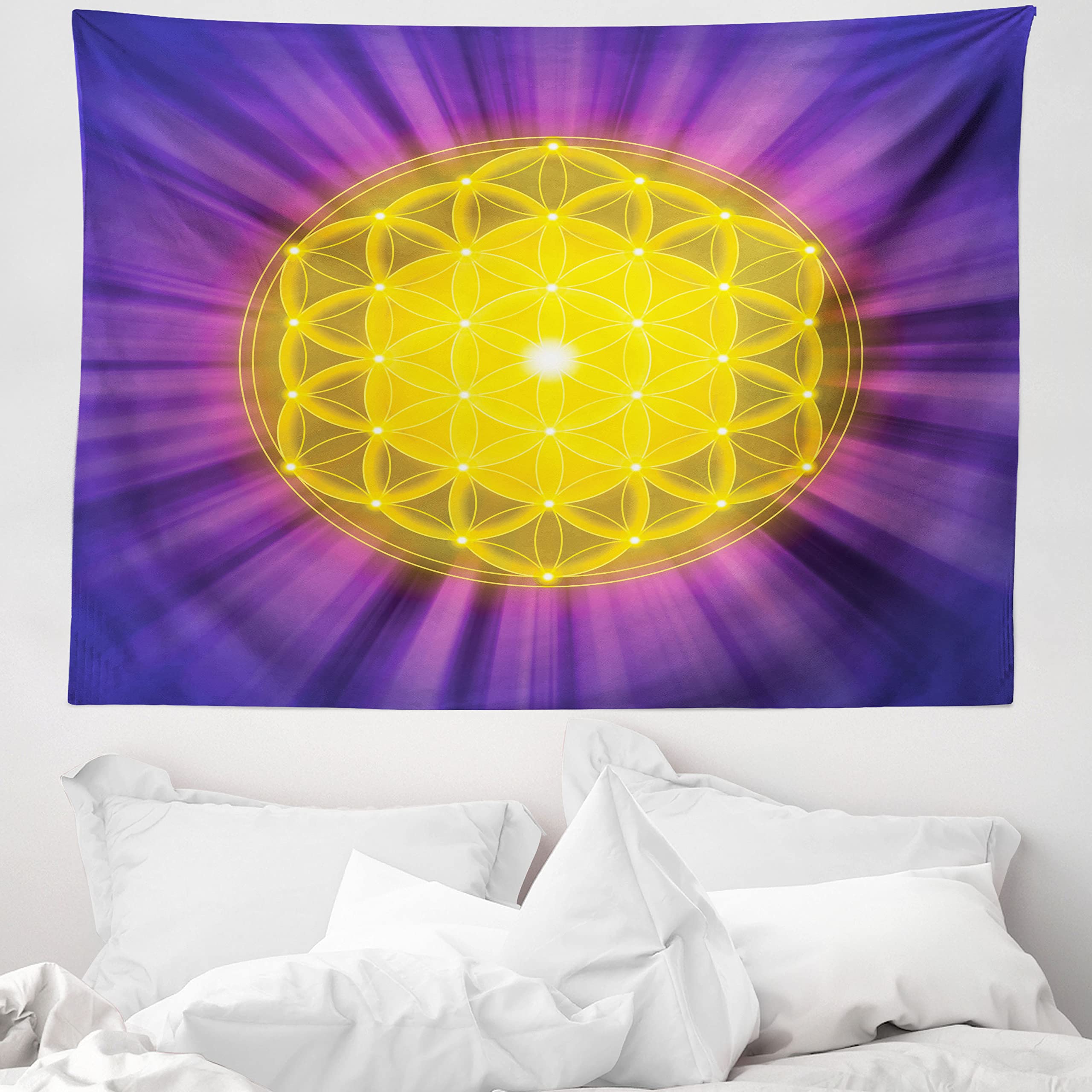 ABAKUHAUS Purple Mandala Tapestry, Sacred Geometry Themed Print Flower of Life Motif with Purple Shade Rays