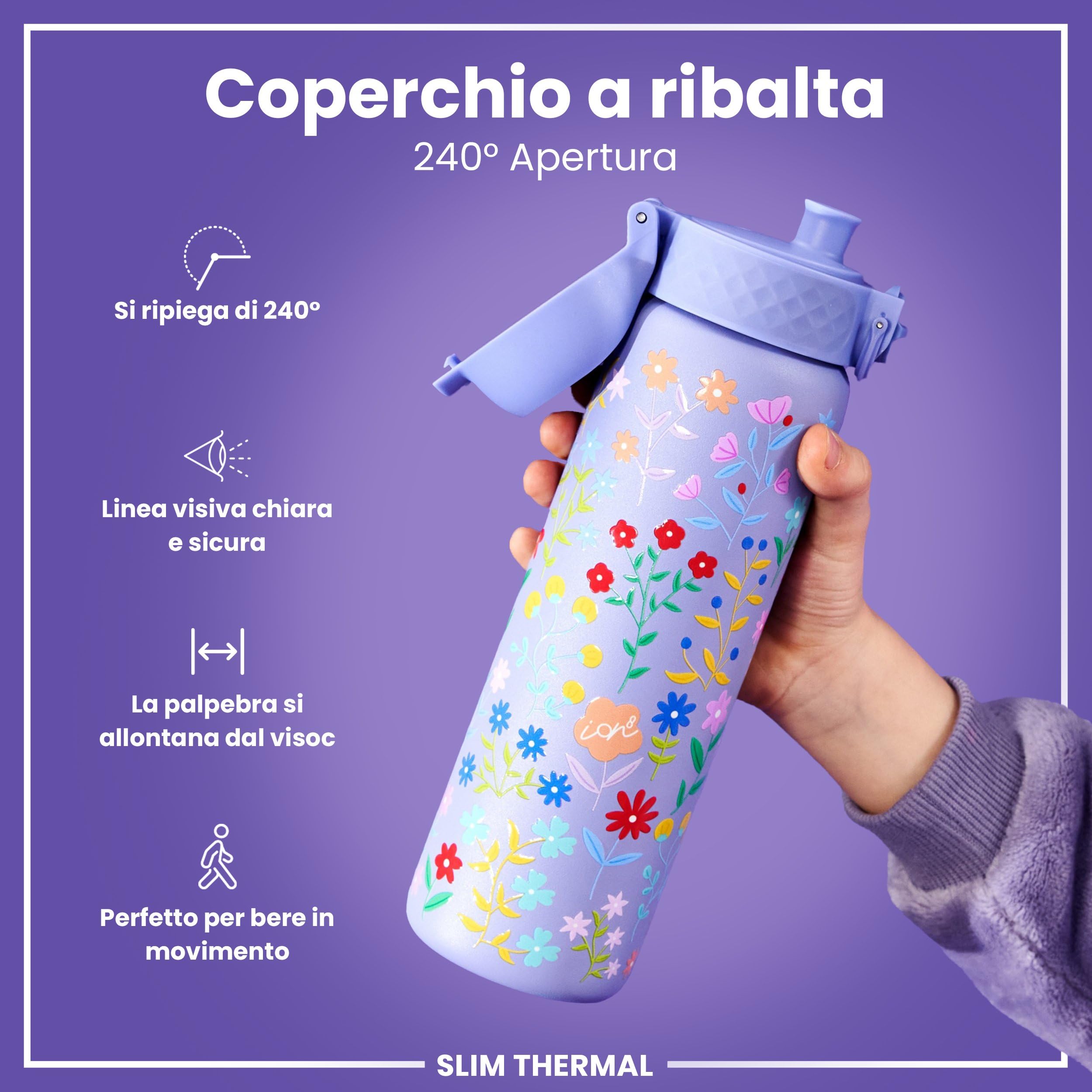 Ion8 Borraccia Termica in Acciaio Isolato, 500ml, a Prova di Perdite, Facile da Aprire, Serratura Sicura, Lavabile in Lavastoviglie, Maniglia per il Trasporto, Facile Pulizia,Floreale Delicato