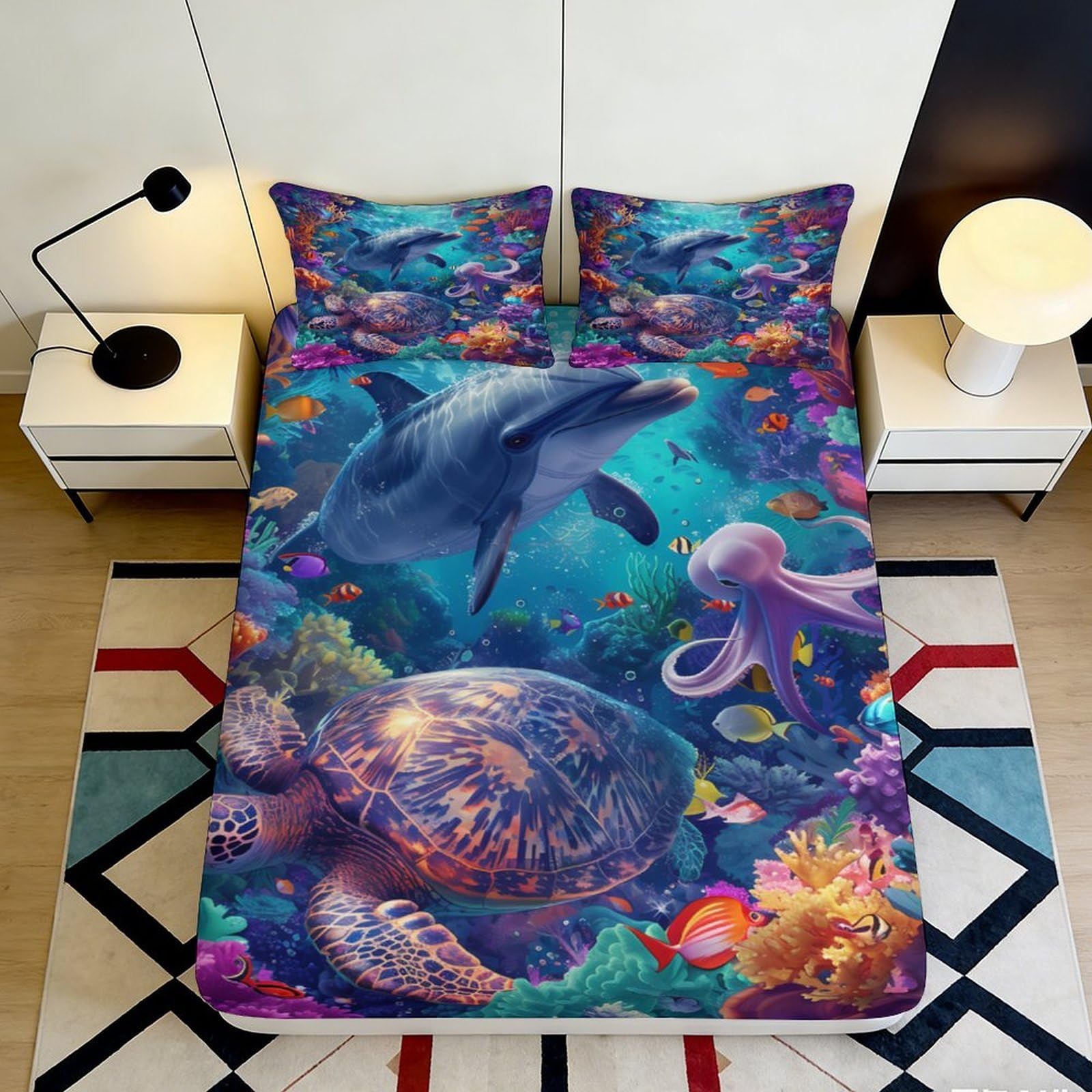 3D Printed Underwater Ocean Life Fitted Sheet Microfiber Soft Durable Sea Turtle Mattress Cover with Dolphin Octopus Design for Bedroom Dormitory Guest Room 140x200x25cm