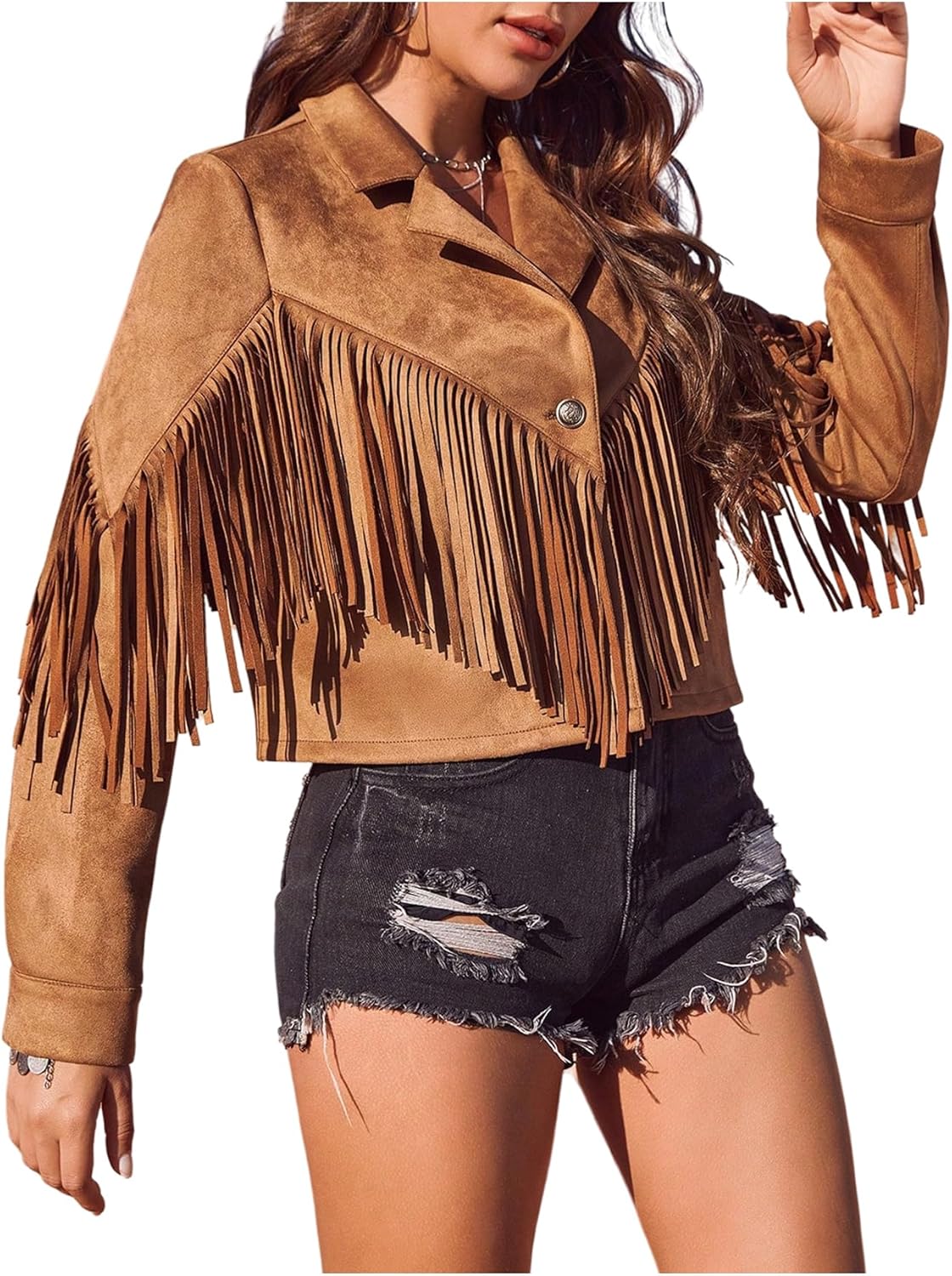 WDIRARA Women's Fringe Faux Suede Open Front Jacket Western Concert Long Sleeve Outerwear