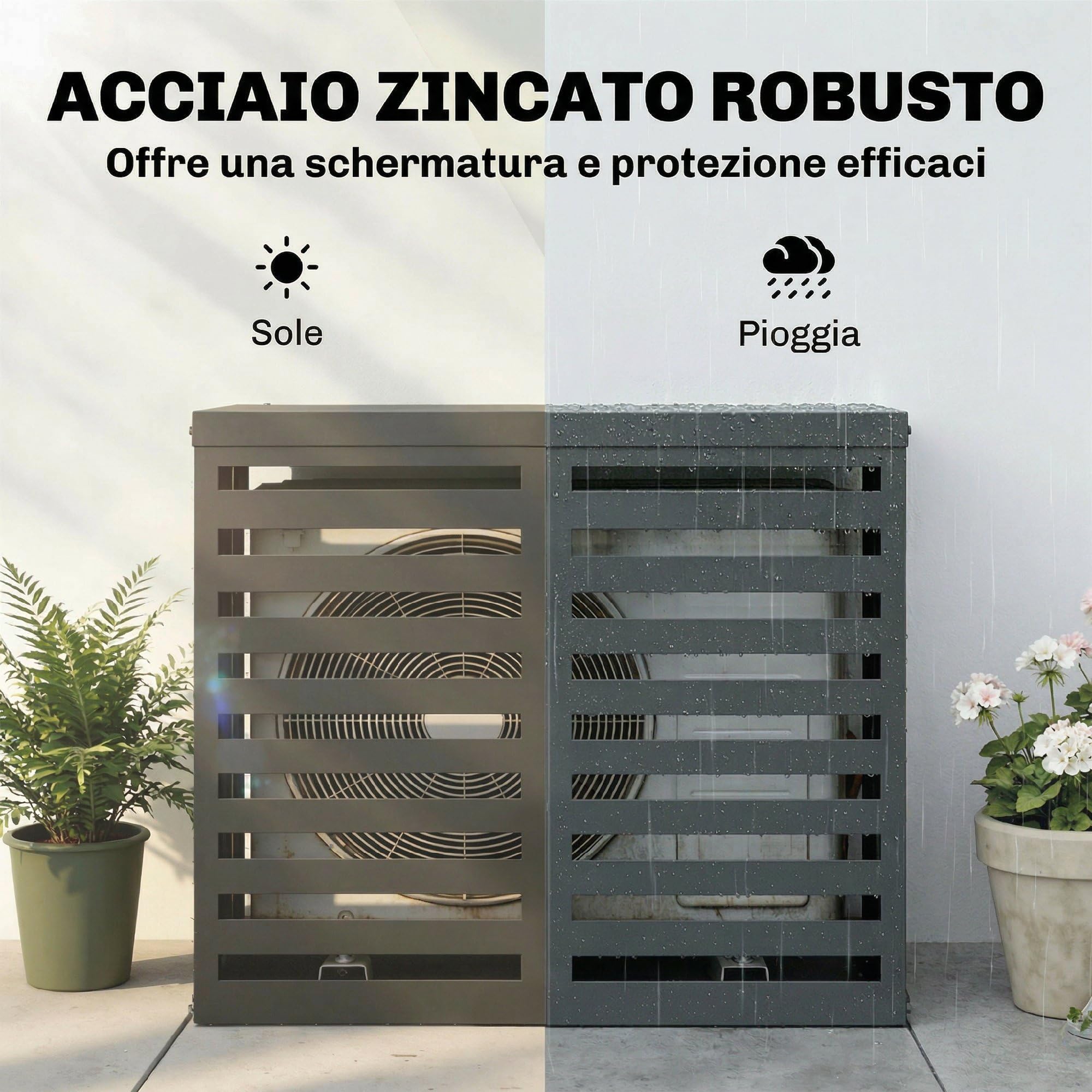 Outsunny Copertura per Condizionatore Esterno, Copri Condizionatore da Esterno in Acciaio Zincato, Recinzione con Doghe per Giardino, Grigio Scuro