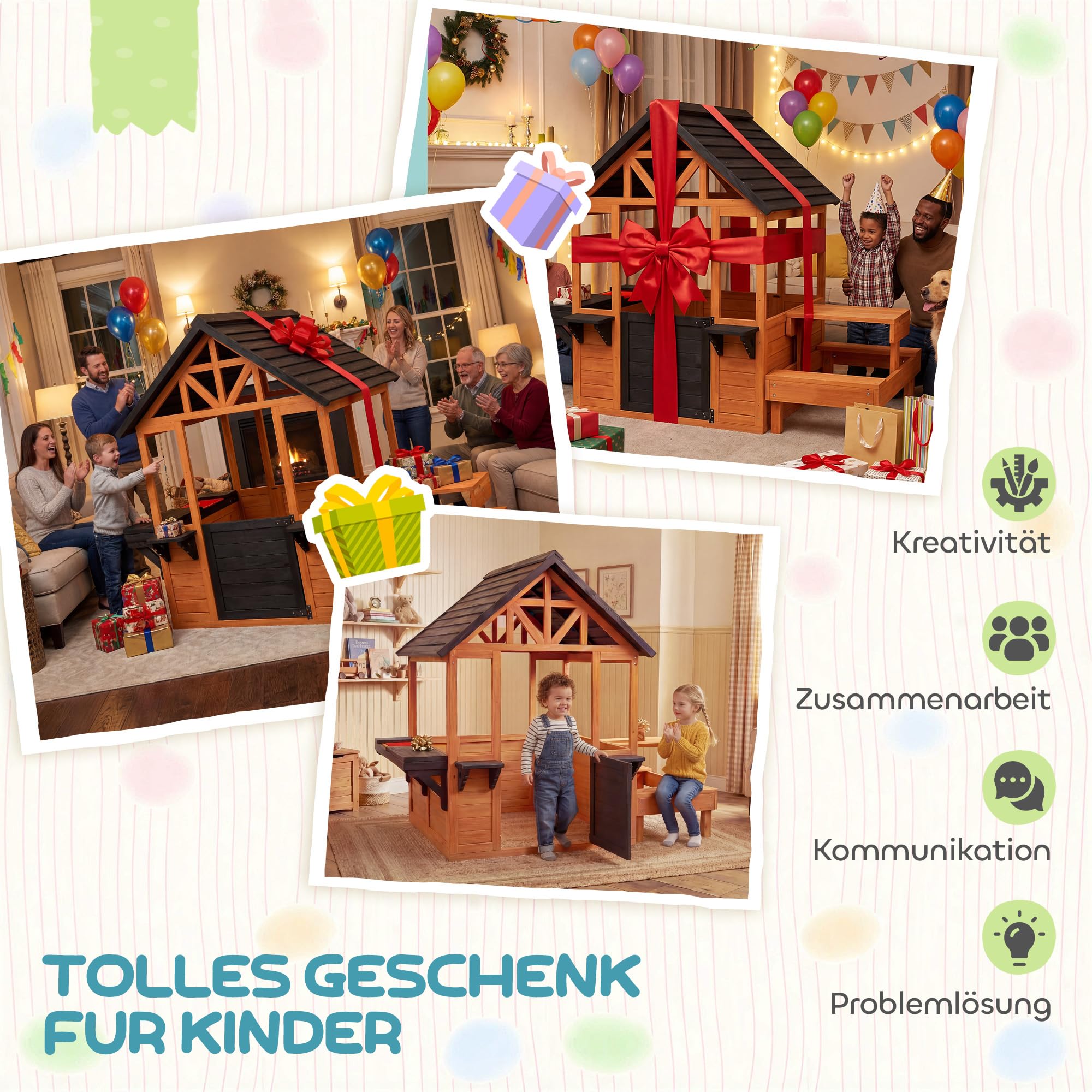 AIYAPLAY Spielhaus Outdoor Kinderspielhaus aus Holz mit Tisch Bank Spülstation Fenster Tür Blumenkastenhalter Gartenhaus für Jungen und Mädchen 3-8 Jahre für Outdoor & Indoor Hellbraun