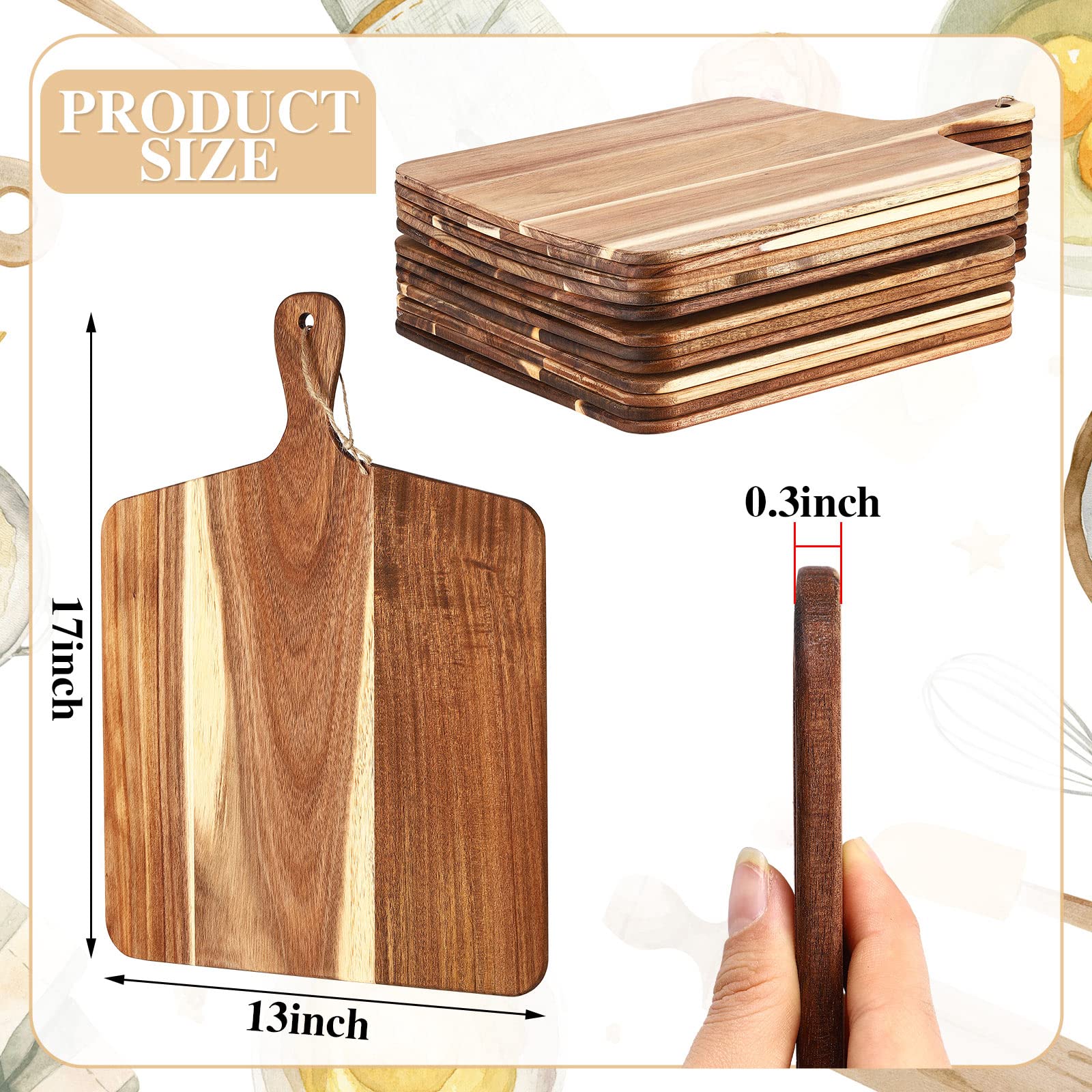 Juego de 6 tablas de cortar lisas con asas, tabla de cortar de madera para cocina, a granel para verduras, carne, pizza, queso, frutas, pan, regalo de grabado (17 x 13 pulgadas, madera de acacia)
