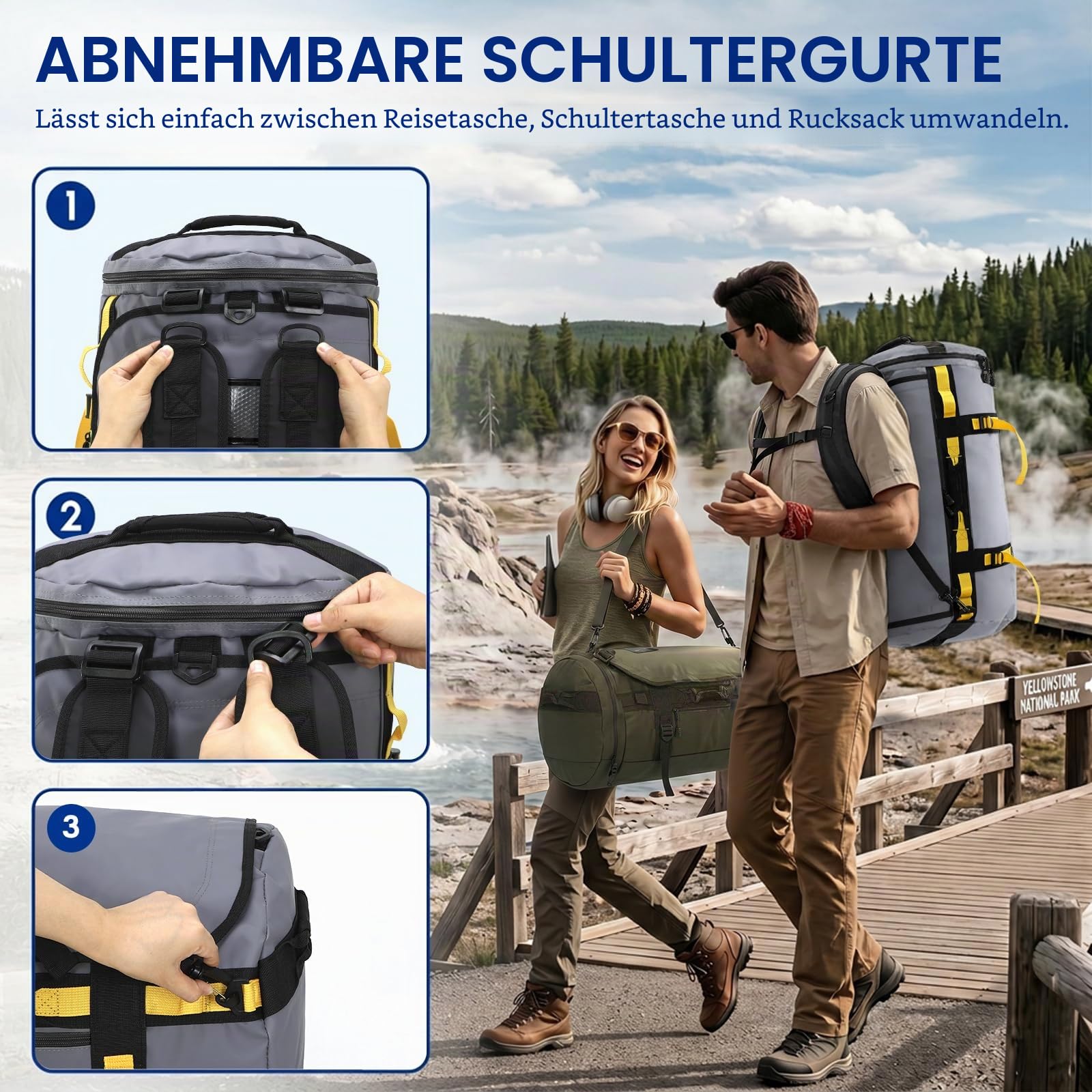 Haimont Sporttasche Herren Reisetasche, Convertible Travel Duffel Sporttaschen mit Schuhfach, große Heavy Duty Weekender Tasche, Wasserdicht, 60L, Grau