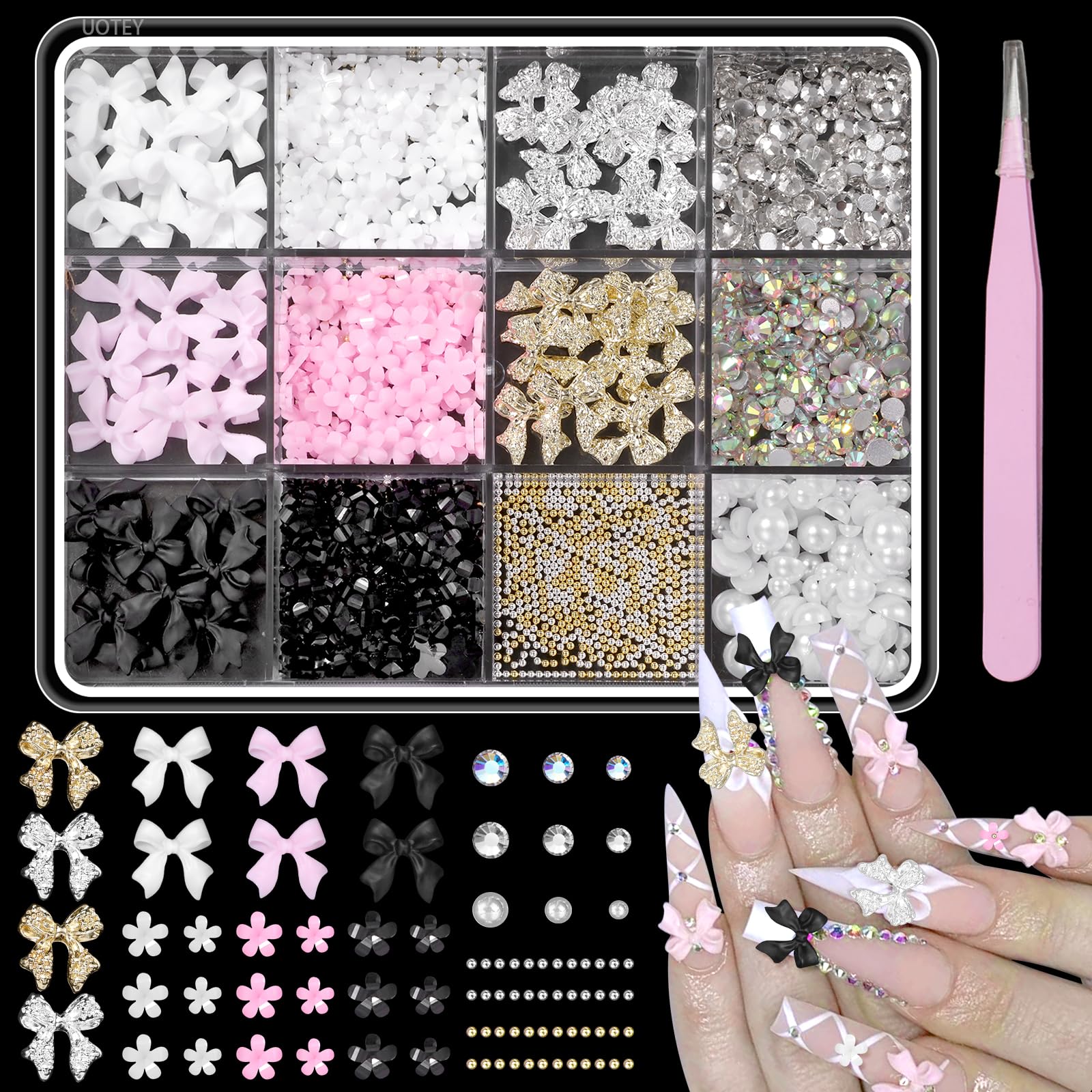 3D Bow Nail Charms and Gems, Pink Black Bows Flower Nail Art Charms Alloy Bows for Nails, Mixed Nail Gems Rhinestones Bowknots Caviar Beads Charms for