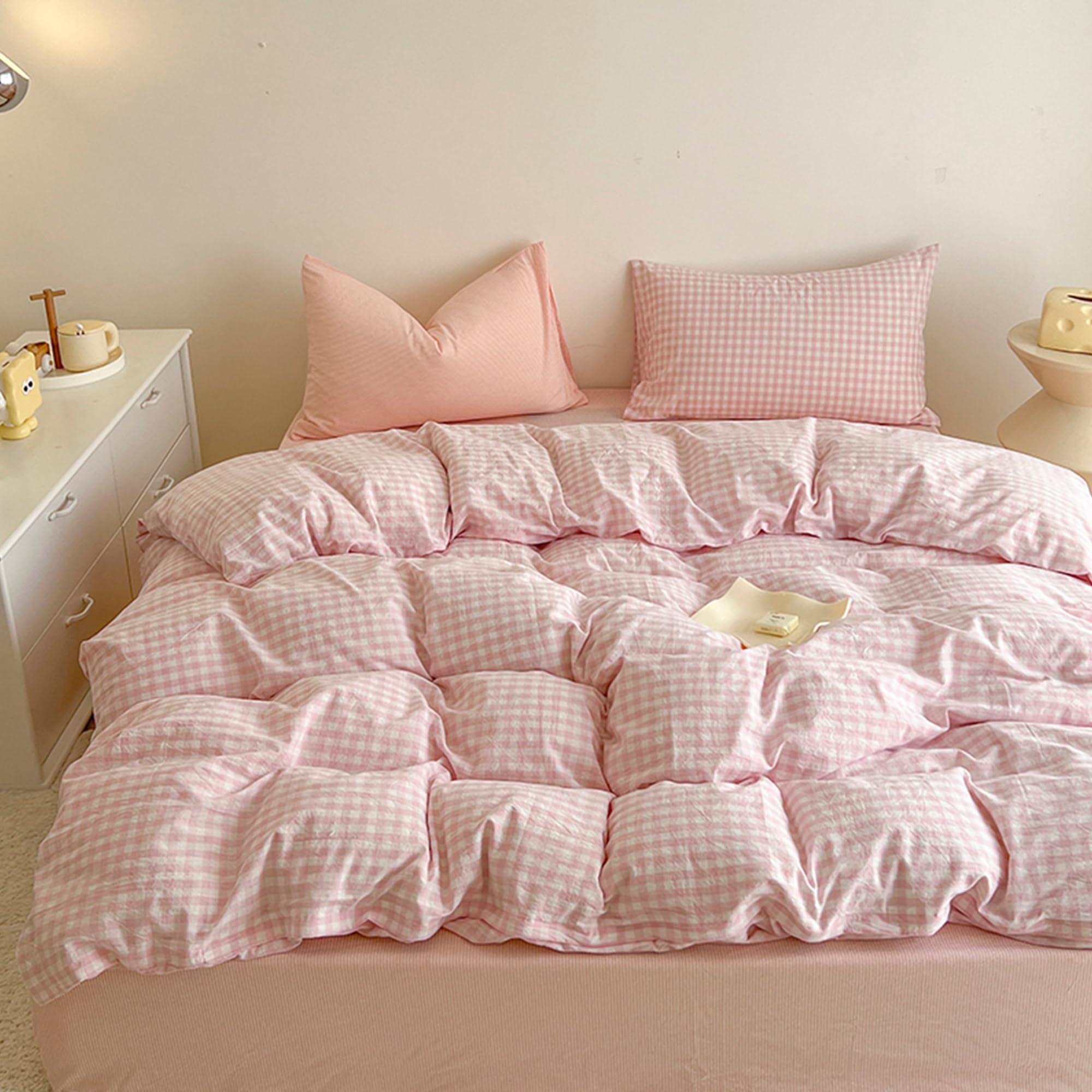 BOLINLIVING Pink Gingham Duvet Cover Set King, Plaid Checkerd Bedding Set