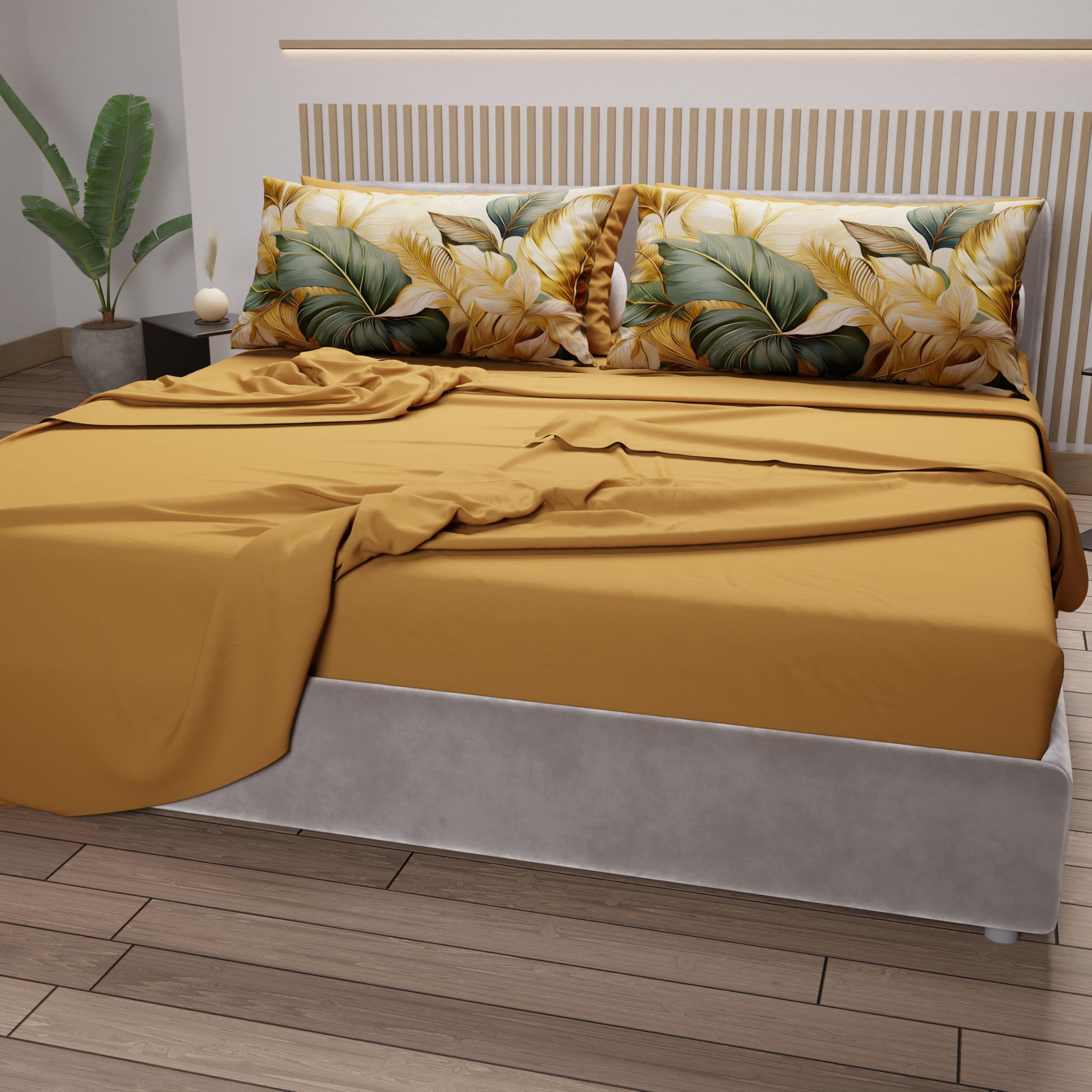 PETTI ARTIGIANI ITALIANI - Juego de Sabanas de Algodon para Cama Doble con Fundas de Almohada y Sábana Bajera 160x200, Diseño Floral 165 Ocre, 100% Fabricado en Italia
