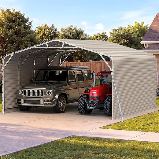 Quictent 20x20 ft Heavy Duty Double-car Metal Carport, Fully Shaded Outdoor Garage Side Canopy with Side Panels and Pre-drilled Holes, Suitable for Parking Cars, Boats and Agricultural Equipment