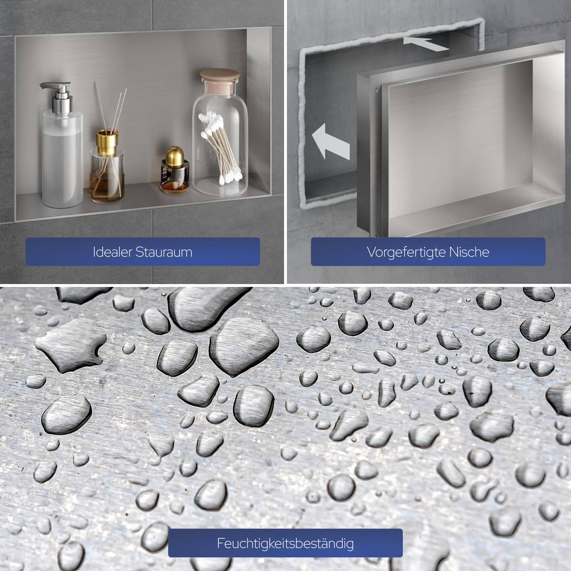 VILSTEIN Wandnische Dusche 30x45 cm [ROSTFREI] - Randlose Duschnische - Wandnische Silber - Einbauregal für Dusche im Unterputz - Randloses Duschregal mitVersenkte Duschnische für das Badezimmer