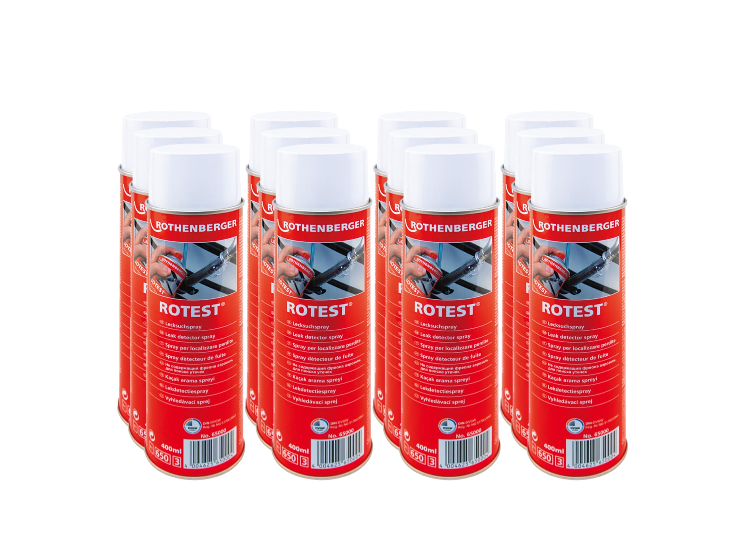 ROTHENBERGER Industrial 12 x RoTest Lecksuchspray 400 ml | Schnelles und sicheres Auffinden von Leckagen | Lecksucher | Auffinden von Undichtigkeiten an Gasleitungen & Druckleitungen