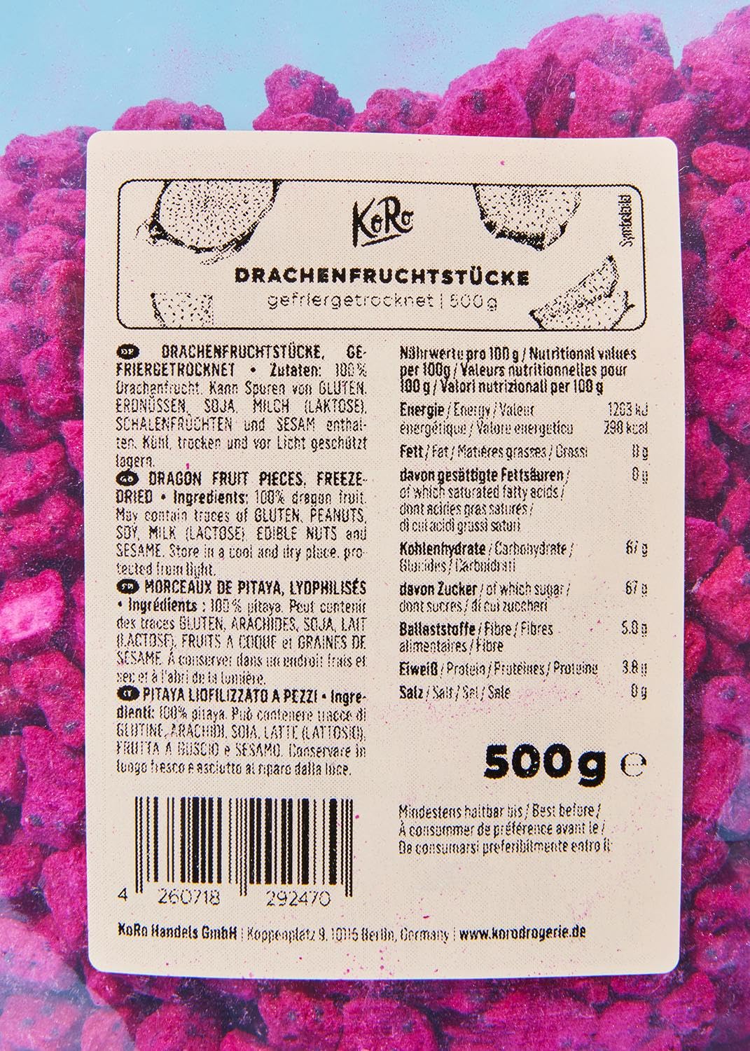 KoRo - Gefriergetrocknete Drachenfrucht 500 g - 100 % Frucht - Intensiver, fruchtig-süßer Geschmack - Ideales Bowl-Topping