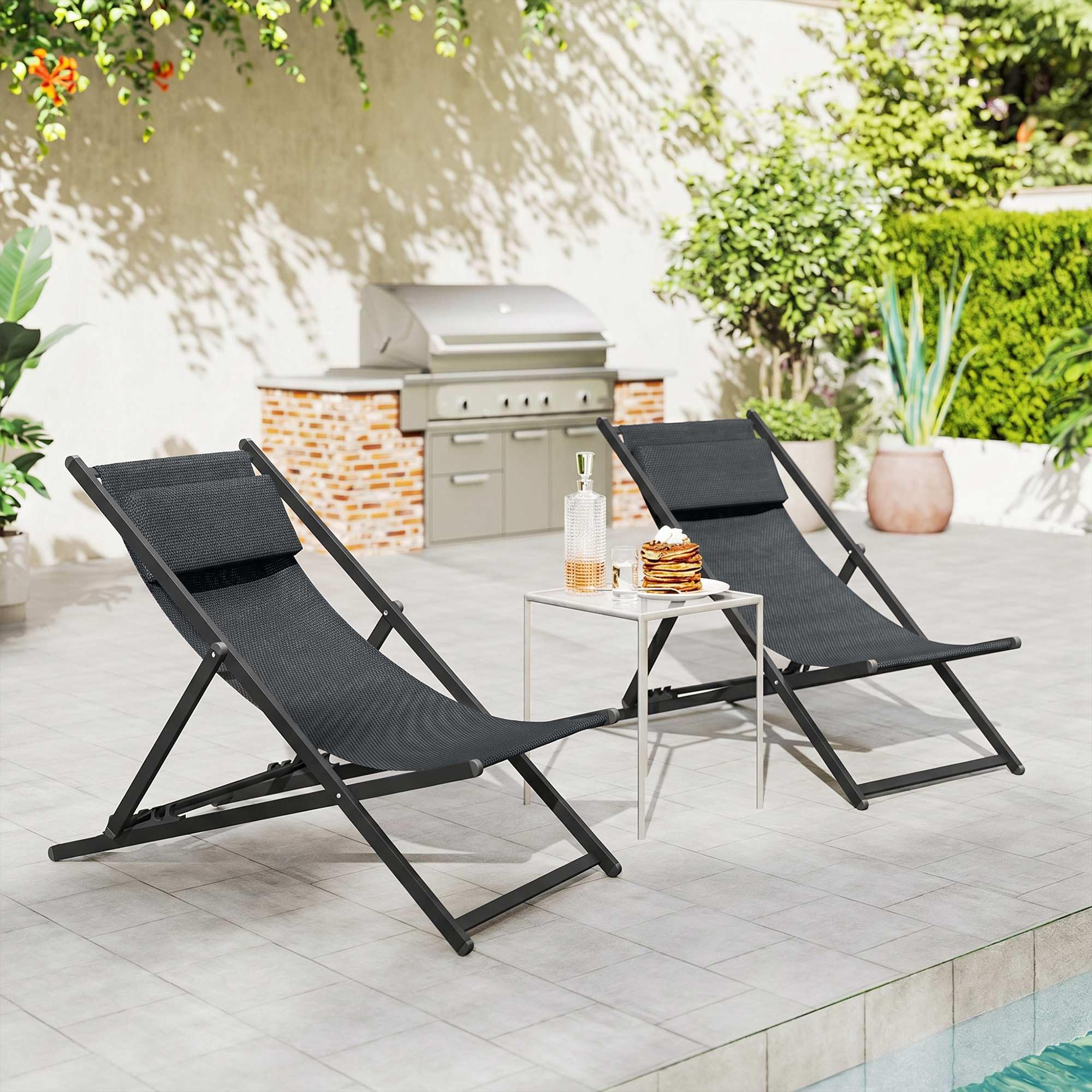 Outsunny Lot de 2 Bain de Soleil, Chaise Longue Pliante avec appuie-tête en textilène, transat Jardin extérieur inclinable de Plage Camping Piscine terrasse, 60 x 100 x 85 cm, Gris foncé