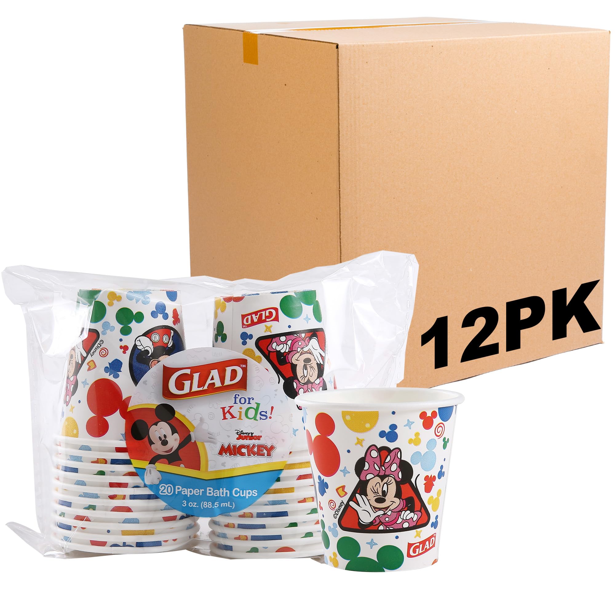 Glad for Kids Disney Mickey & Friends Disposable Mini Paper Cups - Colorful Heavy Duty, Soak Proof, Bathroom Mouse Rinse Cups for Kids, 3 Ounce, 20
