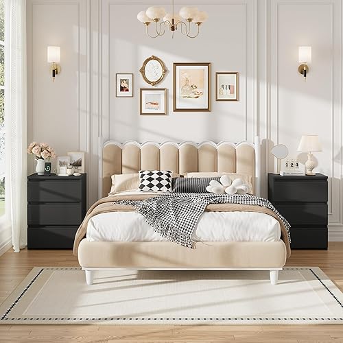 Miniatura 6 de FOTOSOK Juego de 2 mesitas de noche negras de 26 pulgadas de alto, con estación de carga, mesita de noche negra con puertos USB y tomas de