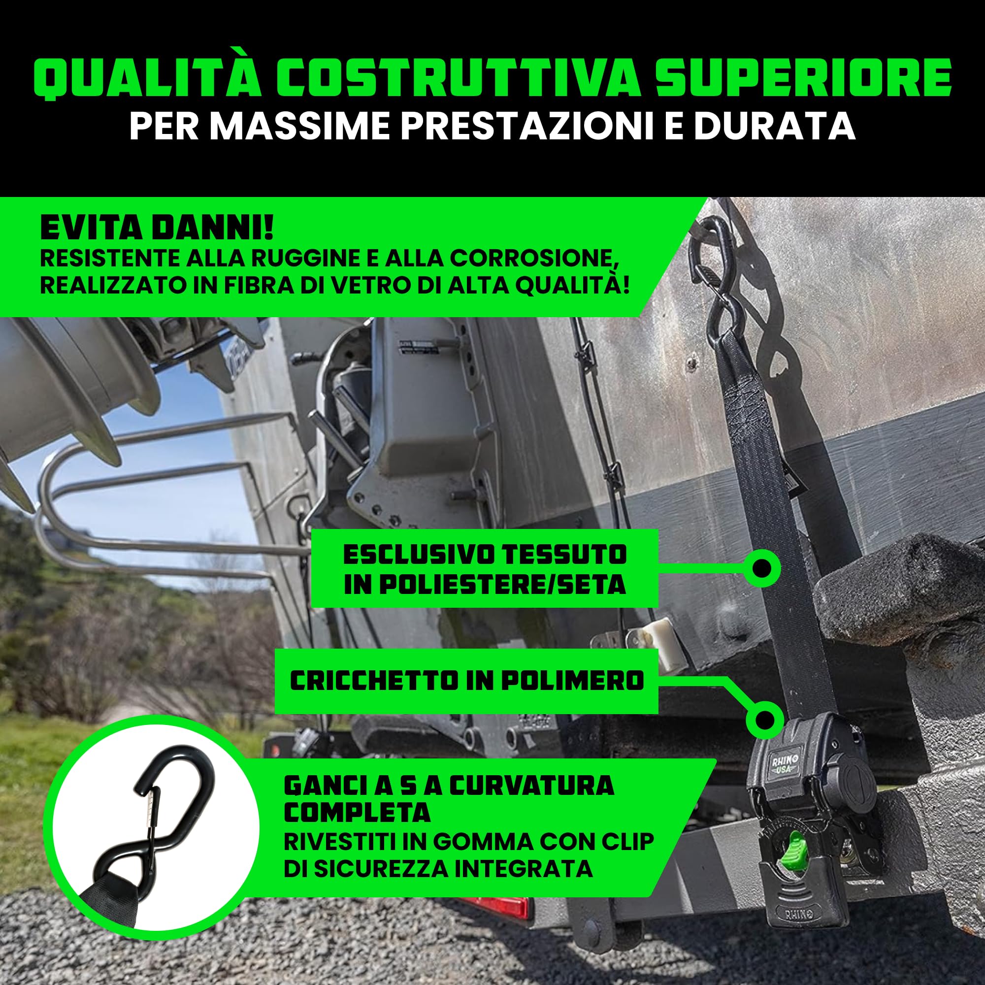 Rhino USA Cinghie Retrattili per Rimorchio Barca (Confezione da 2) - Cinghie di Fissaggio per Barca da 5cm x 1,1m, 1300kg - Fissaggio per Barca, Jet-Ski e altro! Verniciato a Polvere Nero, Acciaio