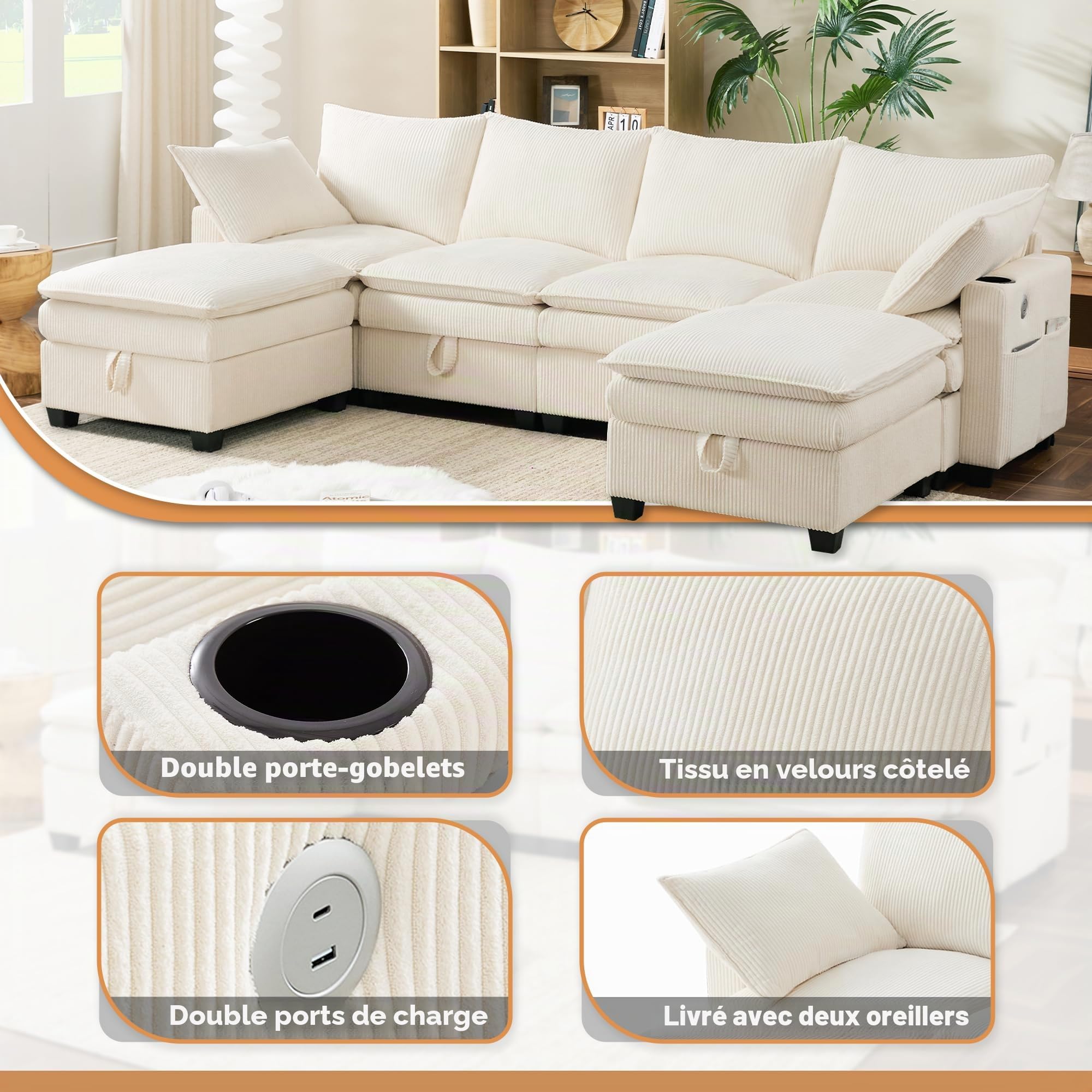 Canapé d’Angle Modulable en L/U 280 cm, 6 Places avec Repose-Pieds Amovible, Rangement, Porte-gobelet,Canapé Profond pour Salon, Meuble de Salon Moderne,canapé Convertible,Beige