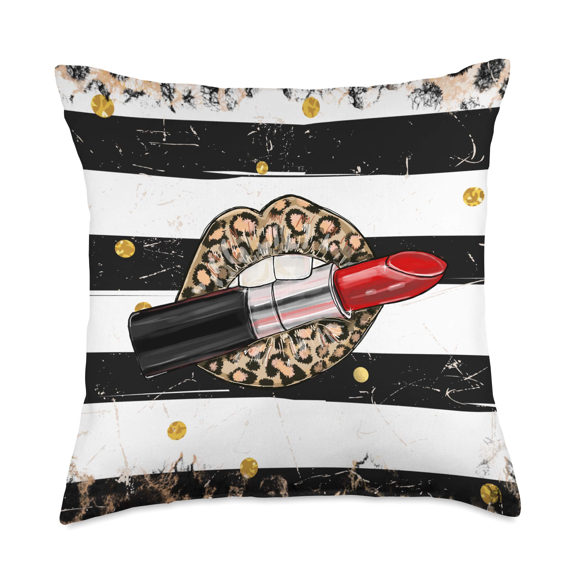 Leopard Lipstick Co 2816 Red Lipstick Leopard Lips Stripes Golden Dots Throw Pillow, 18x18, Multicolor