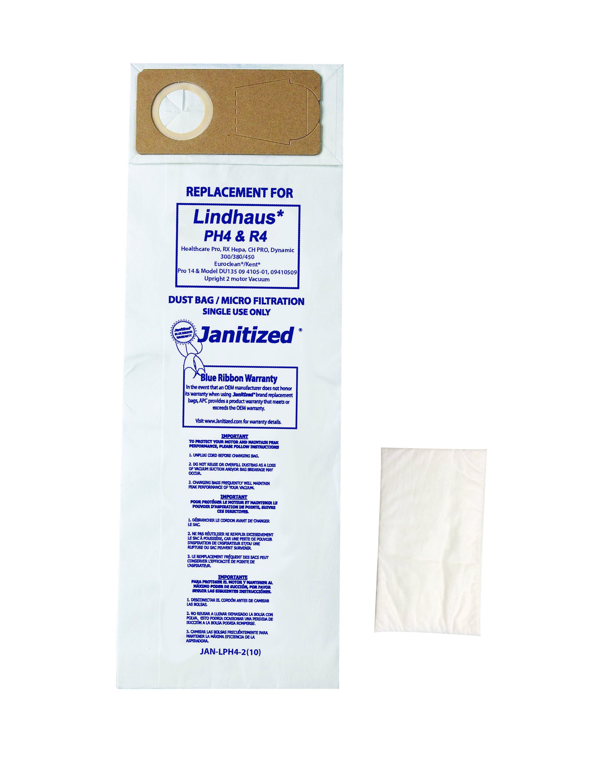 JanitizedJAN-LPH4-2(10) Paper Premium Replacement Commercial Vacuum Bag For Euroclean Pro, Lindhaus Healthcare Pro, RX HEPA,CH Pro, Dynamic Vacuum Cleaners (10 - 10 packs)