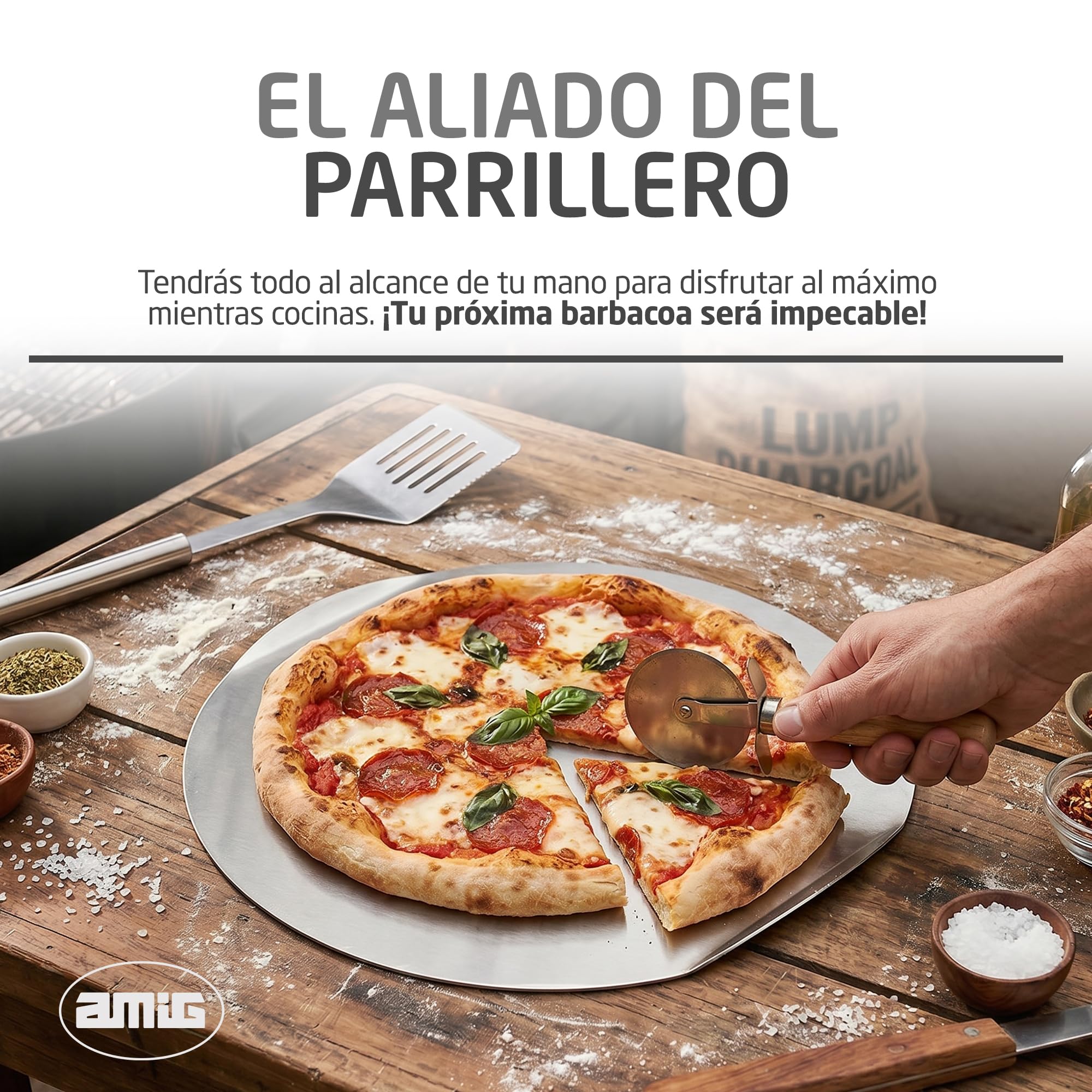 Amig – Pizza‑Set für Grill – Cordieritstein und Aluminiumplatte – Durchmesser Stein 33 cm – Durchmesser Platte 31,5 cm – Geeignet für Backofen und Grill – Mod. AM27